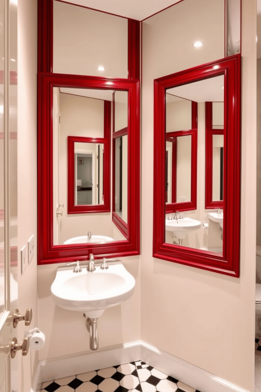 A chic powder room featuring vibrant red-framed mirrors that create an illusion of depth and enhance the overall space. The walls are painted in a soft cream, while the floor showcases elegant black and white tiles, providing a striking contrast to the bold mirrors.