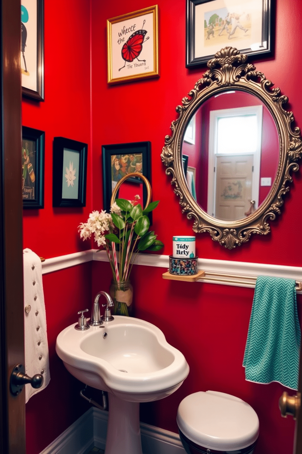 A whimsical red powder room features vibrant red walls adorned with playful artwork and quirky decor elements. A unique pedestal sink with a fun, asymmetrical shape is complemented by a vintage-style mirror with an ornate frame, creating a lively and inviting atmosphere.