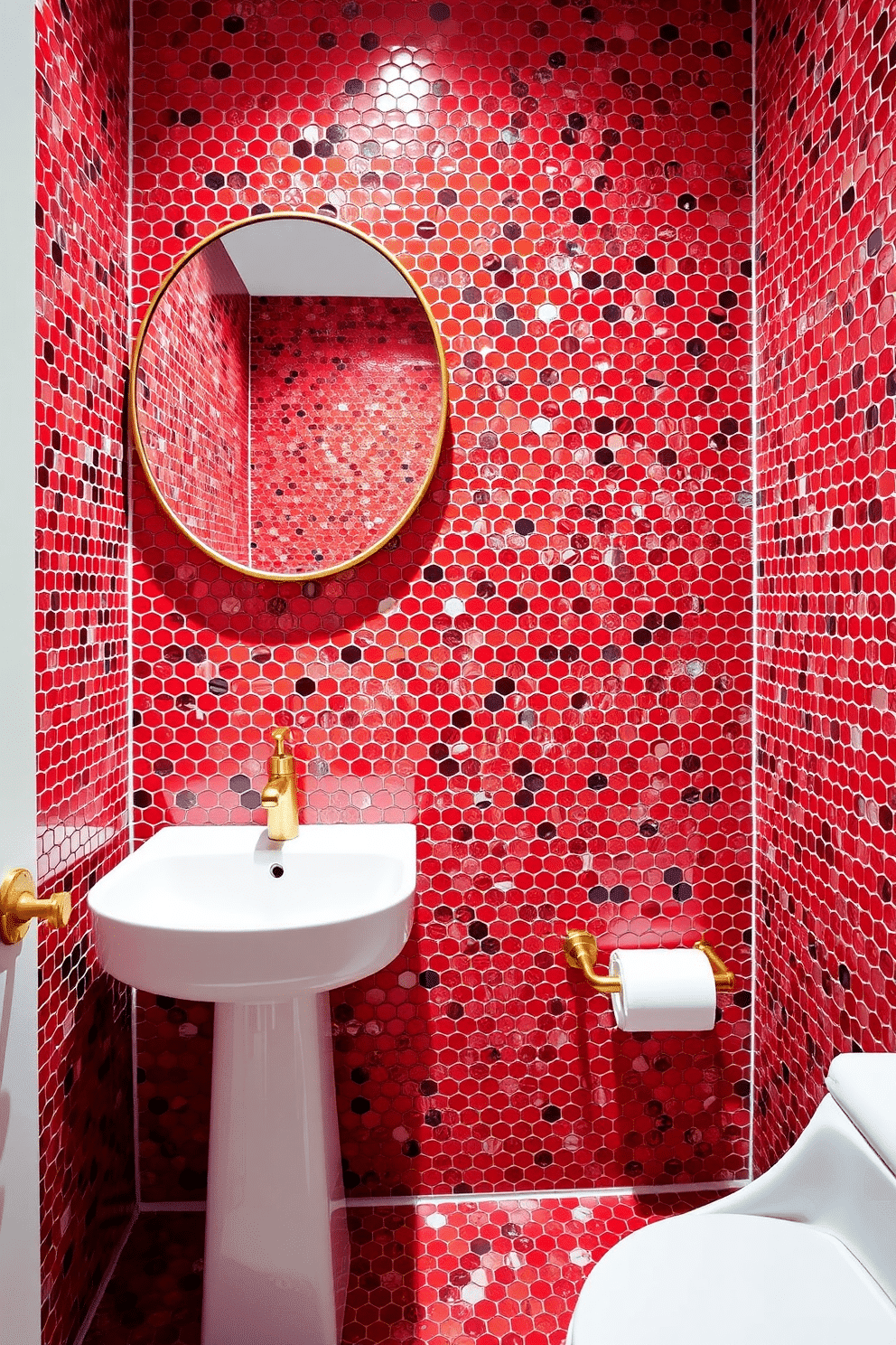 A vibrant powder room showcases red mosaic tiles that create an artistic flair, enveloping the space in warmth and richness. The room features a sleek white pedestal sink and a modern gold faucet, complemented by a stylish round mirror with a thin gold frame.