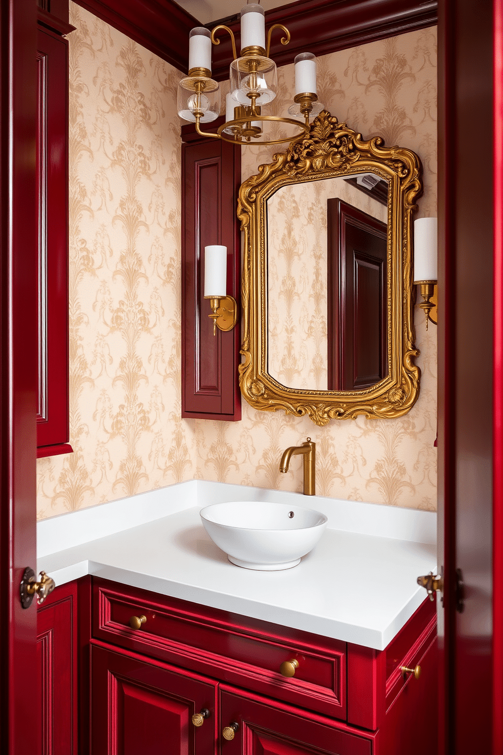 A luxurious powder room featuring dark red cabinetry that exudes richness and warmth. The cabinetry is complemented by a sleek white countertop and a stylish vessel sink, creating an elegant focal point. The walls are adorned with a subtle damask wallpaper in shades of cream and gold, enhancing the opulence of the space. A vintage gold-framed mirror hangs above the sink, reflecting the ambient lighting from a chic chandelier overhead.