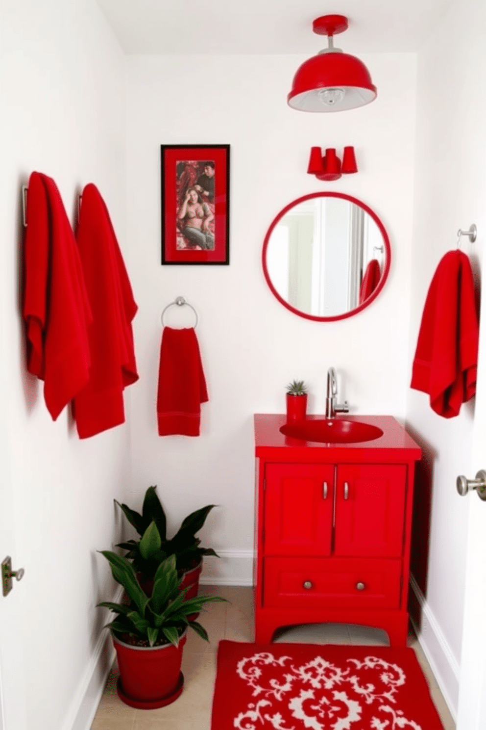 A vibrant powder room featuring bright red accessories that create a cheerful and lively atmosphere. The walls are painted in a soft white, allowing the red accents, such as a bold vanity, towels, and decorative items, to stand out beautifully. The space includes a sleek, modern sink with a chrome faucet, complemented by a round mirror framed in red. A stylish red rug adds warmth to the floor, while potted plants bring a touch of greenery to the design.