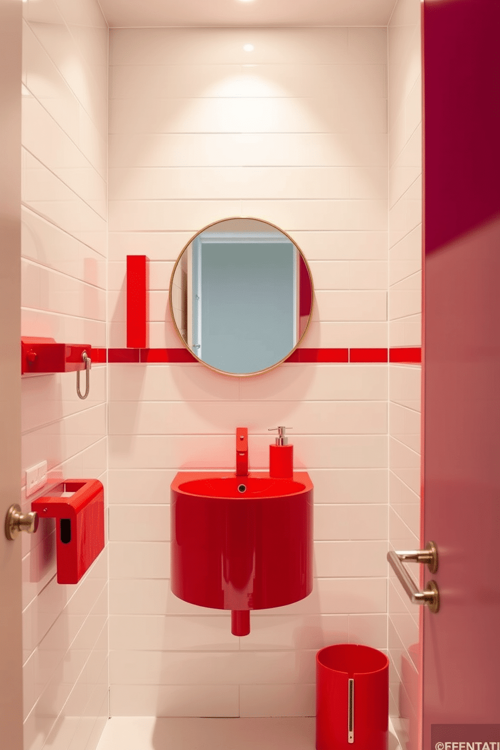 A striking powder room featuring contemporary red fixtures that add a bold pop of color. The walls are adorned with sleek white tiles, while a minimalist red sink and matching accessories create a cohesive and stylish look. The lighting is soft and warm, highlighting the unique design elements throughout the space. A small round mirror with a thin gold frame complements the vibrant red, enhancing the overall modern aesthetic.