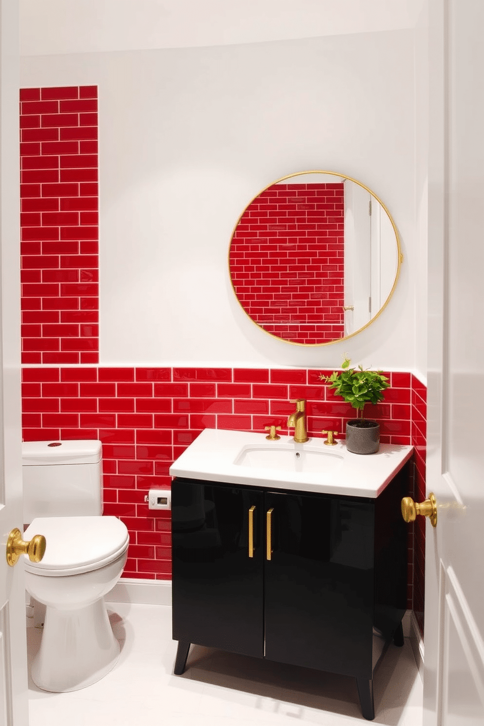 A striking powder room features vibrant red tiles as a bold backsplash, creating a dramatic focal point. The walls are painted in a soft white to enhance the brightness of the tiles, while a sleek black vanity with gold fixtures adds a touch of elegance. A round mirror with a thin gold frame hangs above the vanity, reflecting the vibrant colors in the room. To complete the look, a small potted plant sits on the countertop, adding a refreshing touch of greenery.