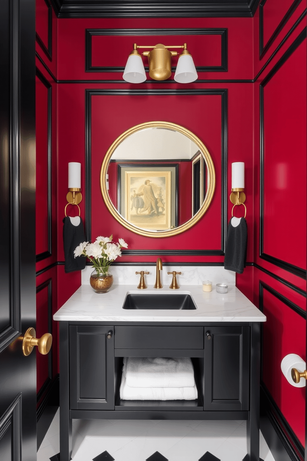 A luxurious powder room featuring deep red walls adorned with elegant black trim accents. The space includes a sleek black vanity with a white marble countertop and a chic round mirror framed in gold, creating a striking focal point.