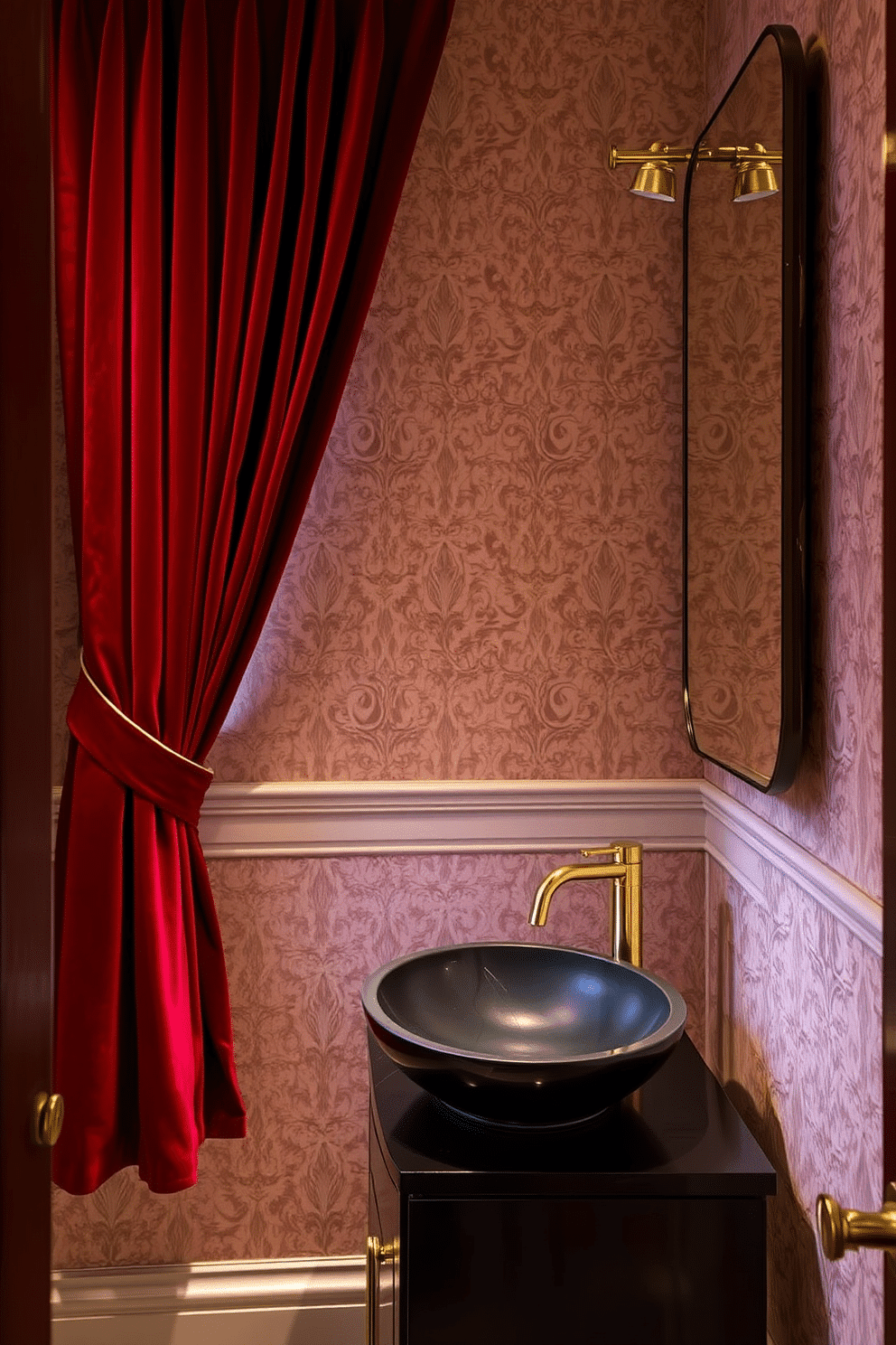 Luxurious red velvet curtains drape elegantly from a polished gold rod, adding a touch of sophistication to the space. The rich texture of the fabric complements the deep, moody color palette of the powder room, enhancing its intimate atmosphere. The walls are adorned with intricate wallpaper featuring a subtle damask pattern in shades of cream and burgundy. A sleek, modern sink with a gold faucet sits atop a dark wood vanity, while ambient lighting casts a warm glow, highlighting the opulent details.