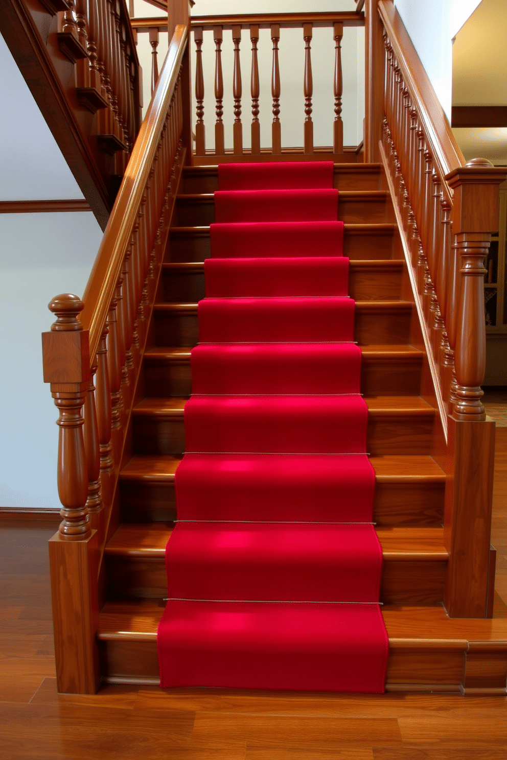 A striking wooden staircase is adorned with a bold red runner that cascades down the steps, adding a vibrant touch to the space. The rich tones of the wood contrast beautifully with the vivid red, creating a dramatic focal point in the entryway. The staircase features elegant wooden balusters that complement the runner, enhancing the overall aesthetic. Soft lighting highlights the runner's texture, inviting guests to ascend with a sense of warmth and style.