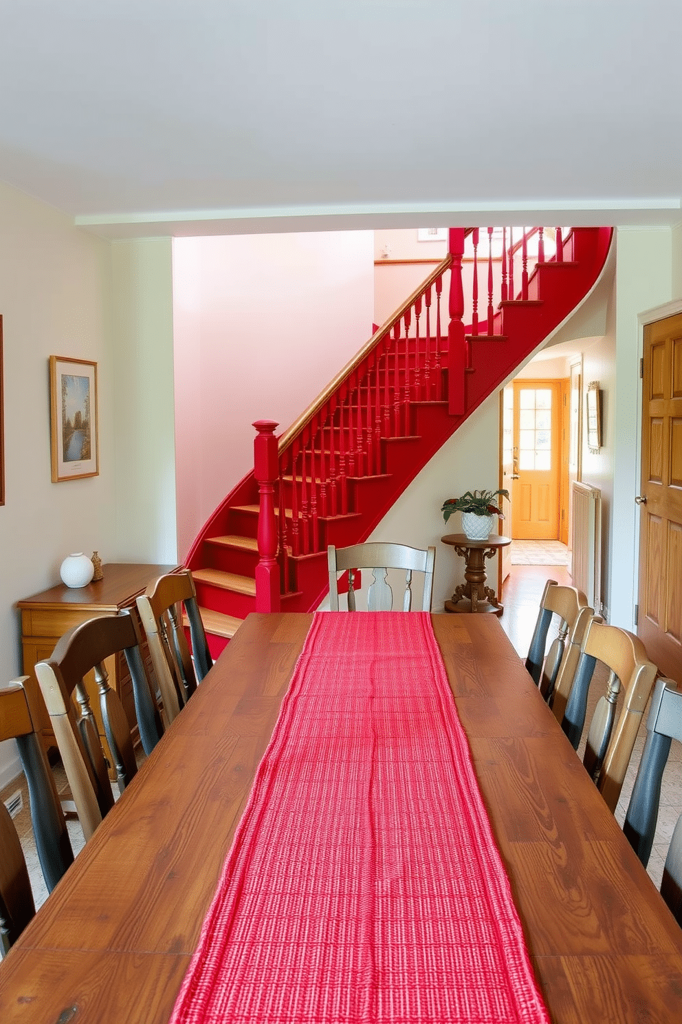 A rustic red jute runner stretches across a wooden farmhouse table, enhancing the cozy atmosphere of the dining area. Surrounding the table are mismatched chairs, each with its own unique finish, creating an inviting and eclectic look. The staircase features a bold red hue, drawing attention to its sweeping curves and intricate balustrade. Natural wood accents complement the vibrant color, while soft lighting highlights the staircase's architectural details.