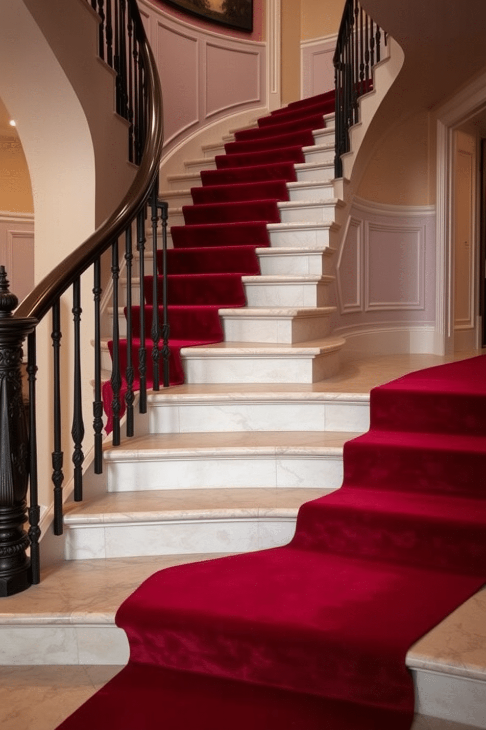 A luxurious staircase featuring a rich red velvet runner cascading elegantly down each step. The surrounding walls are adorned with soft, neutral tones, highlighting the opulence of the runner and creating a warm, inviting atmosphere.