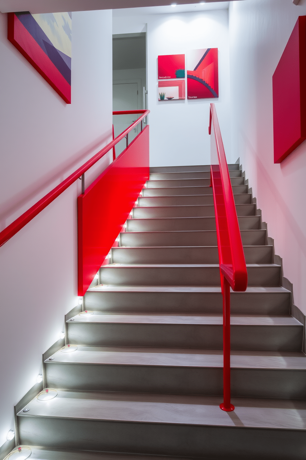 A contemporary staircase design featuring a striking red and gray color scheme. The stairs are constructed with sleek gray concrete steps, complemented by vibrant red railings that add a bold pop of color. The walls alongside the staircase are adorned with minimalist artwork in coordinating shades of red and gray. Soft LED lighting illuminates the steps, creating an inviting atmosphere that enhances the modern aesthetic.