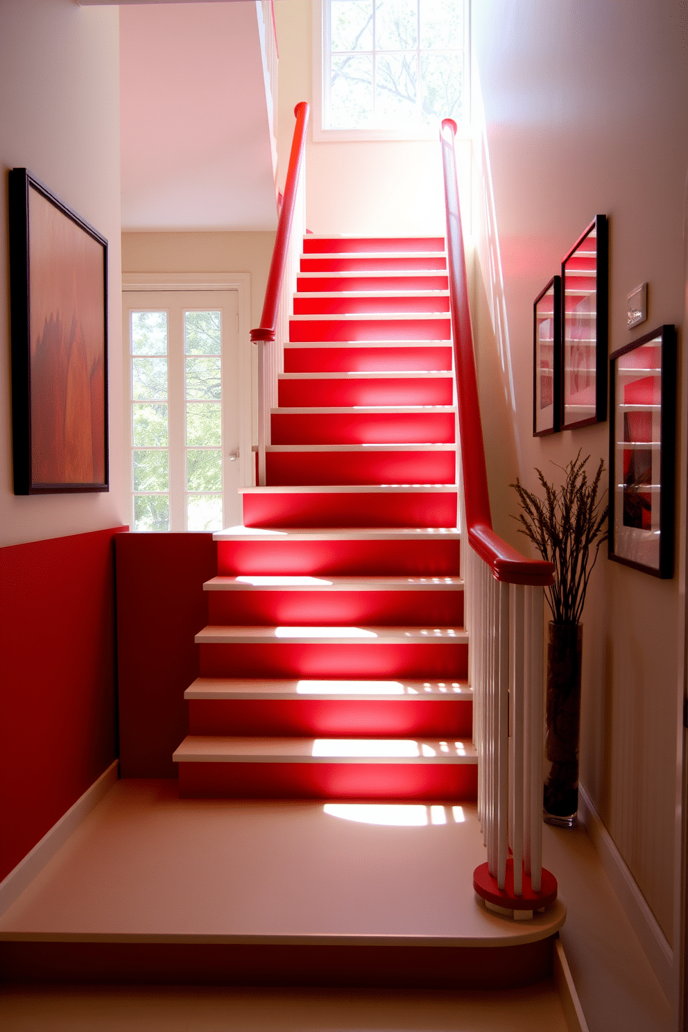 A striking staircase features bright red risers that contrast beautifully with the crisp white treads. The bold color choice adds a vibrant touch to the entryway, making it a focal point of the home. The staircase is illuminated by natural light streaming through a large window, casting interesting shadows on the steps. Surrounding the staircase, the walls are adorned with contemporary art that complements the red and white color scheme.