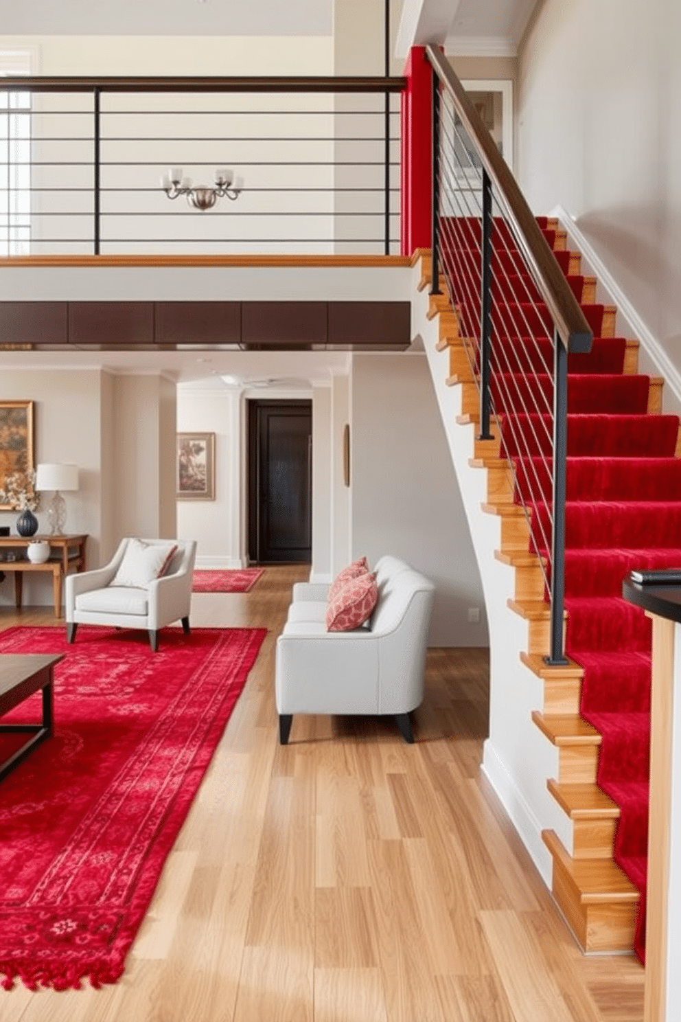 A warm and inviting living room featuring layered red rugs that create a cozy atmosphere. The rugs vary in texture and pattern, adding depth and warmth to the space, complemented by soft, neutral-toned furniture. A stunning staircase design with bold red accents that draws attention and enhances the overall aesthetic of the home. The staircase features a mix of sleek modern railings and traditional wooden steps, creating a perfect blend of contemporary and classic styles.