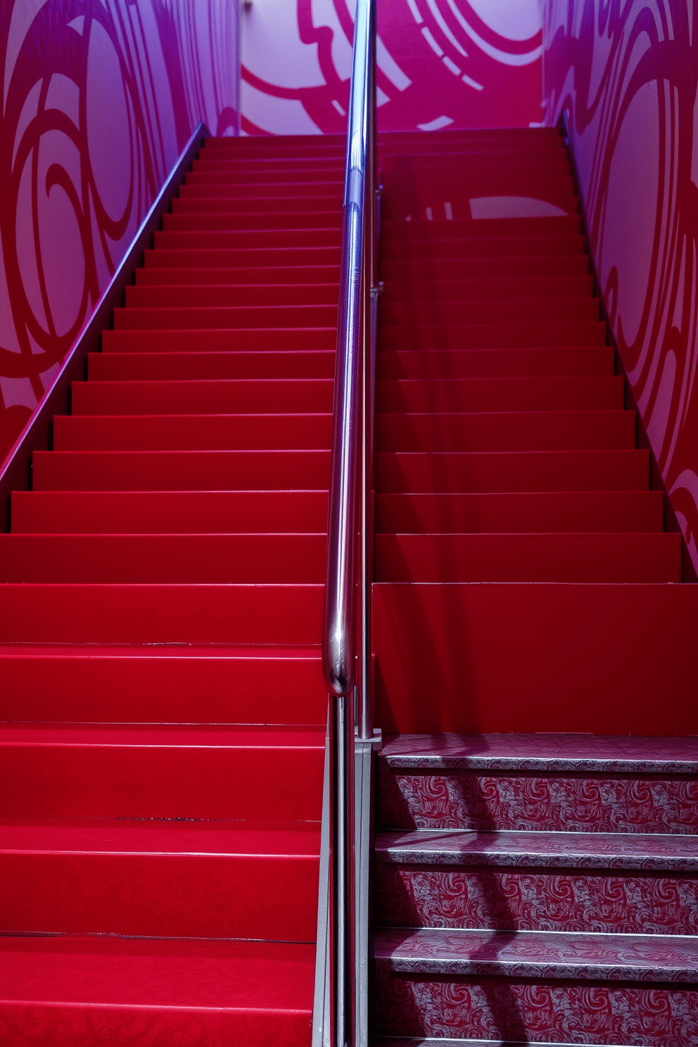 Artistic red abstract design on stairs. The staircase features a vibrant red hue with bold, swirling abstract patterns that create a dynamic visual impact. The handrail is sleek and modern, complementing the artistic flair of the staircase. Soft, ambient lighting highlights the design, casting intriguing shadows that enhance the overall aesthetic.