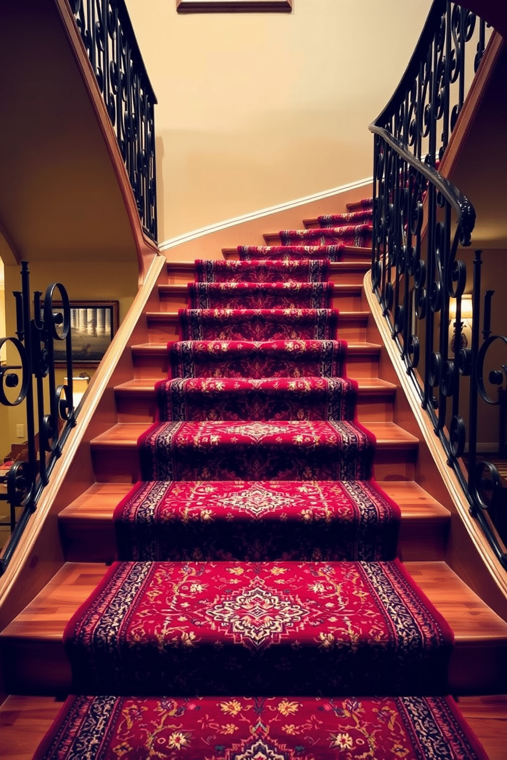 A vintage Persian-style red stair runner gracefully adorns a winding staircase, enhancing the elegance of the space. The intricate patterns and rich colors of the runner contrast beautifully with the polished wooden steps, creating a warm and inviting atmosphere. Flanking the staircase, ornate wrought iron railings add a touch of sophistication, complementing the vintage aesthetic. Soft, ambient lighting illuminates the runner, highlighting its textures and inviting guests to ascend with a sense of grandeur.