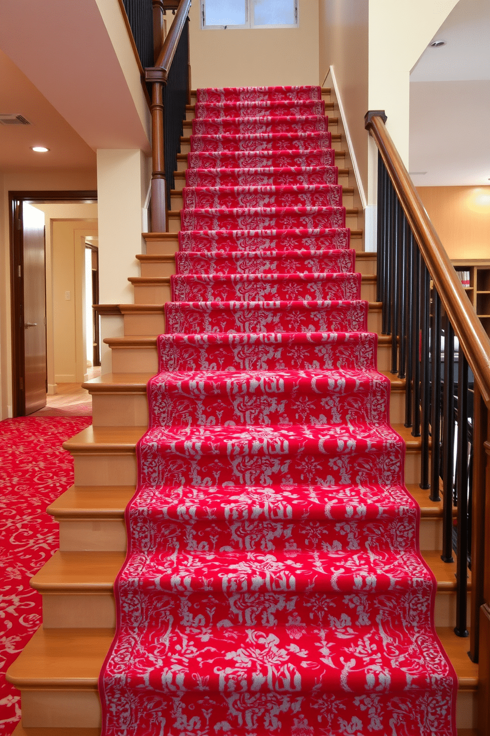 A striking red and silver patterned carpet adorns the staircase, creating a bold statement that enhances the elegance of the space. The carpet features intricate designs that complement the modern architecture of the home, while the rich red hue adds warmth and vibrancy. The staircase itself boasts sleek, polished wood banisters that contrast beautifully with the carpet's bold patterns. Soft, ambient lighting highlights the textures of the carpet, creating a welcoming and luxurious atmosphere as one ascends the stairs.