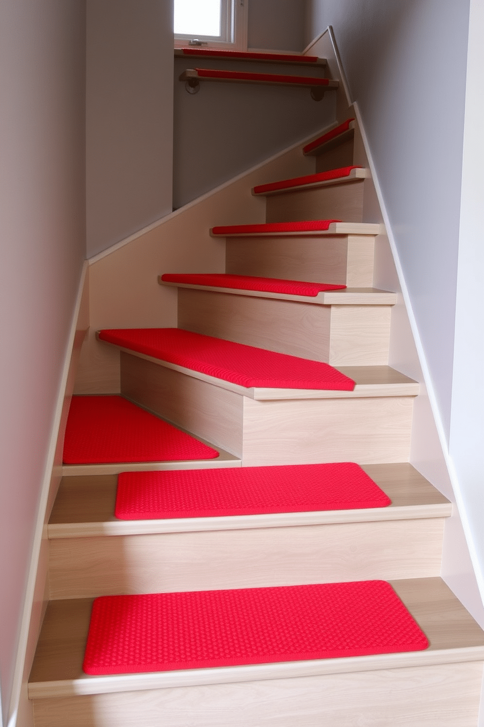 Textured red stair treads provide a striking contrast against the sleek, modern staircase design. The vibrant red adds a bold pop of color while ensuring safety with their non-slip surface. Incorporating textured red treads can enhance the visual appeal of both traditional and contemporary staircases. Consider pairing them with neutral-colored risers and handrails to create a cohesive and stylish look.