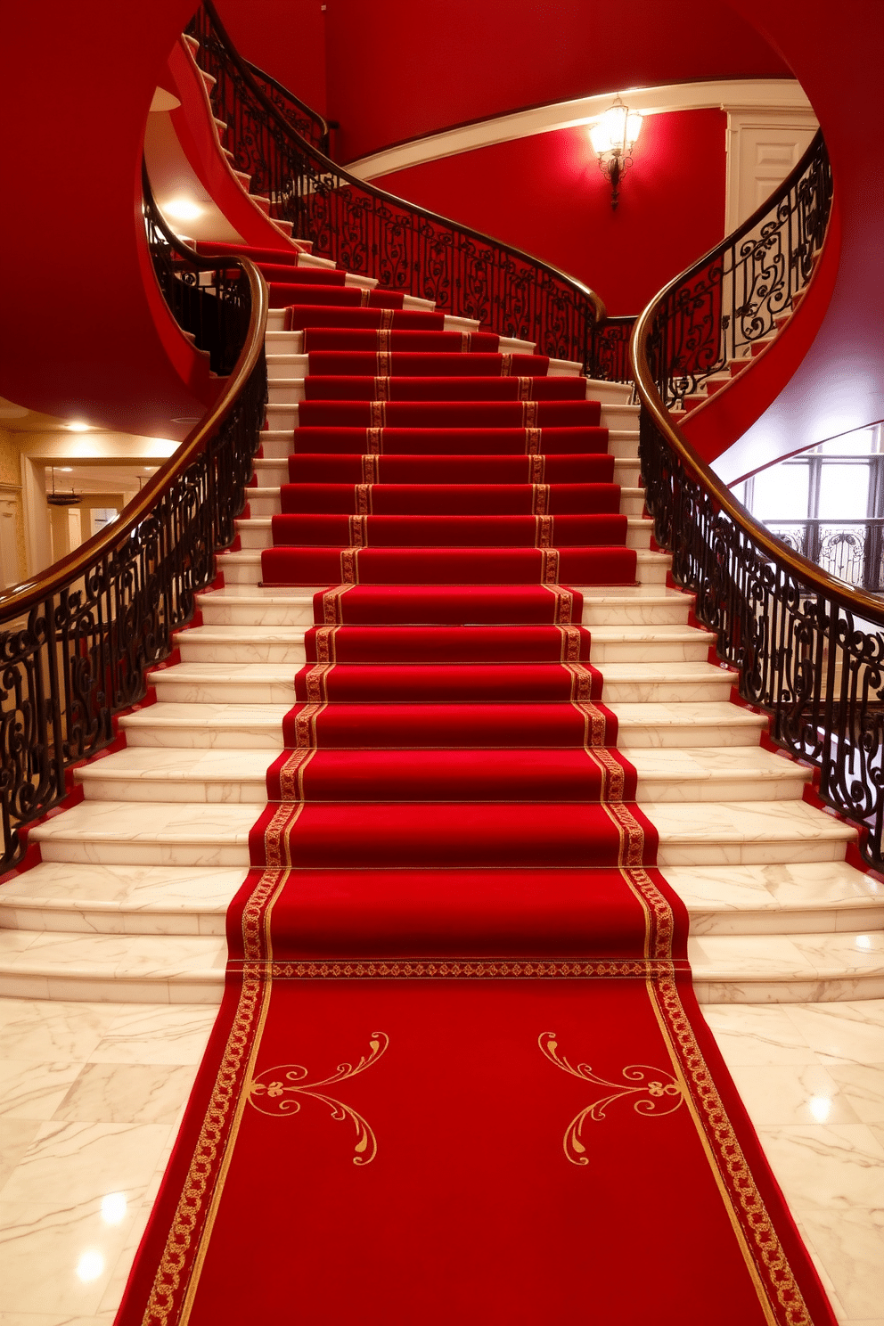 A luxurious red carpet with gold trim accents flows elegantly down the grand staircase, creating a striking visual impact. The carpet's rich texture contrasts beautifully with the polished marble steps, while ornate gold detailing adds a touch of opulence. The red staircase features a sweeping design, with intricate wrought iron railings that complement the vibrant hue. Soft lighting highlights the curves of the staircase, enhancing its grandeur and inviting guests to ascend in style.