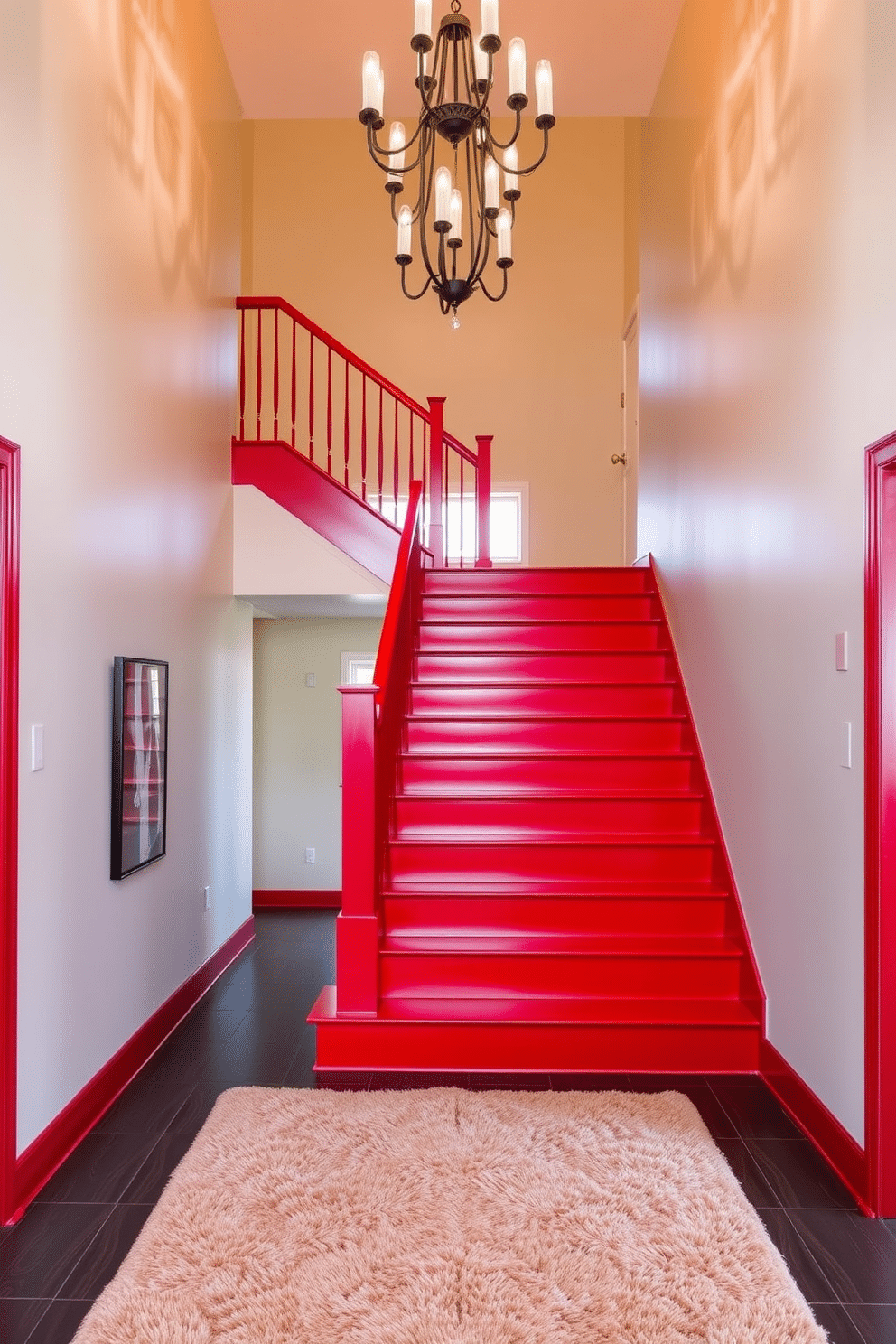 A striking bold red staircase with matching railings creates a dramatic focal point in the entryway. The staircase features sleek, modern lines and is illuminated by a stylish chandelier overhead, enhancing its vibrant color. The walls surrounding the staircase are painted in a soft neutral tone to provide contrast and highlight the staircase's boldness. A plush runner in a complementary color adds warmth and texture, inviting guests to ascend.