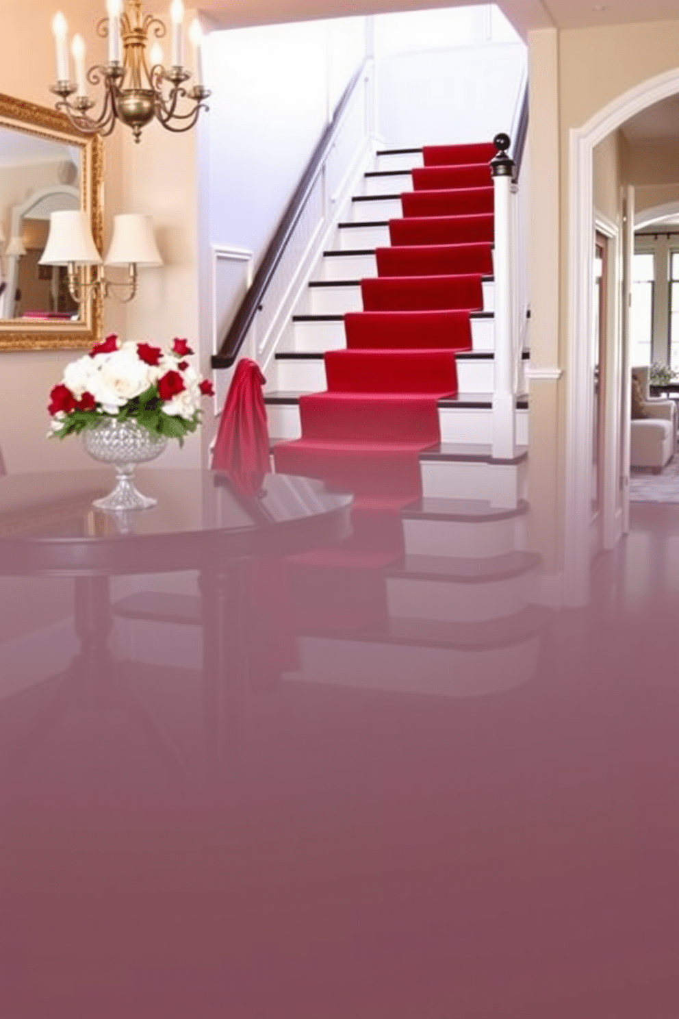 Elegant red satin runner for formal spaces. The runner gracefully drapes over a polished wooden table, enhancing the luxurious ambiance of the room. Red Staircase Design Ideas. The staircase features a striking red carpet runner that contrasts beautifully with the white risers, creating a bold focal point in the entryway.