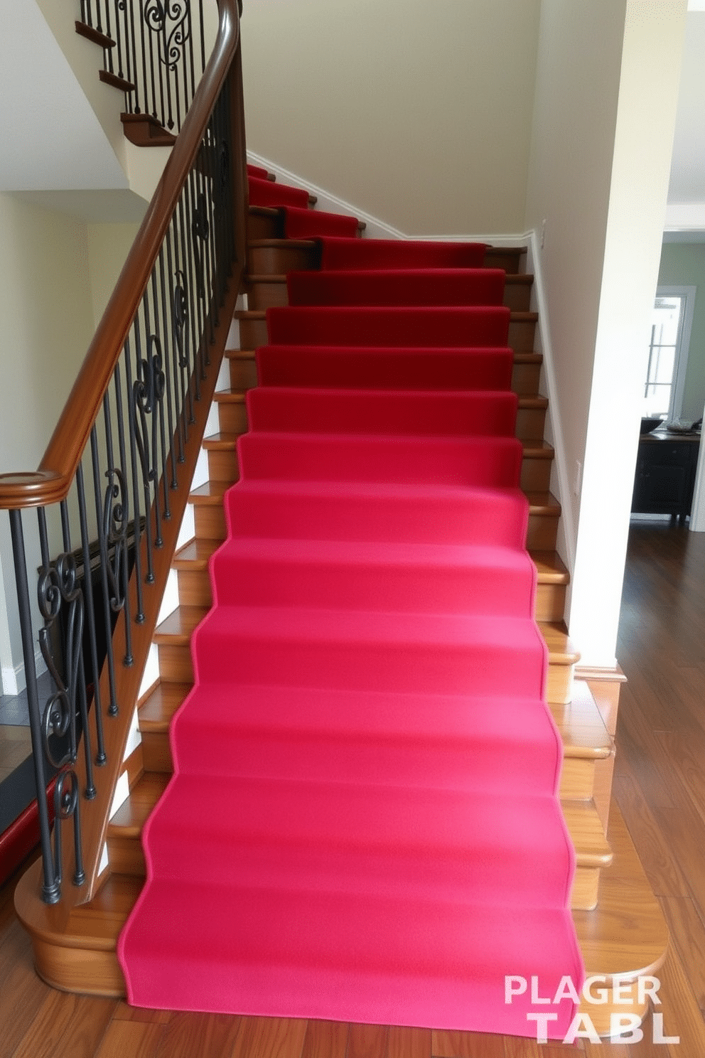 A stunning staircase design featuring a luxurious red and beige ombre carpet that gracefully transitions from deep crimson at the bottom to a soft beige at the top. The carpet is laid on a sleek wooden staircase, accented by elegant wrought iron balusters that complement the rich color scheme.