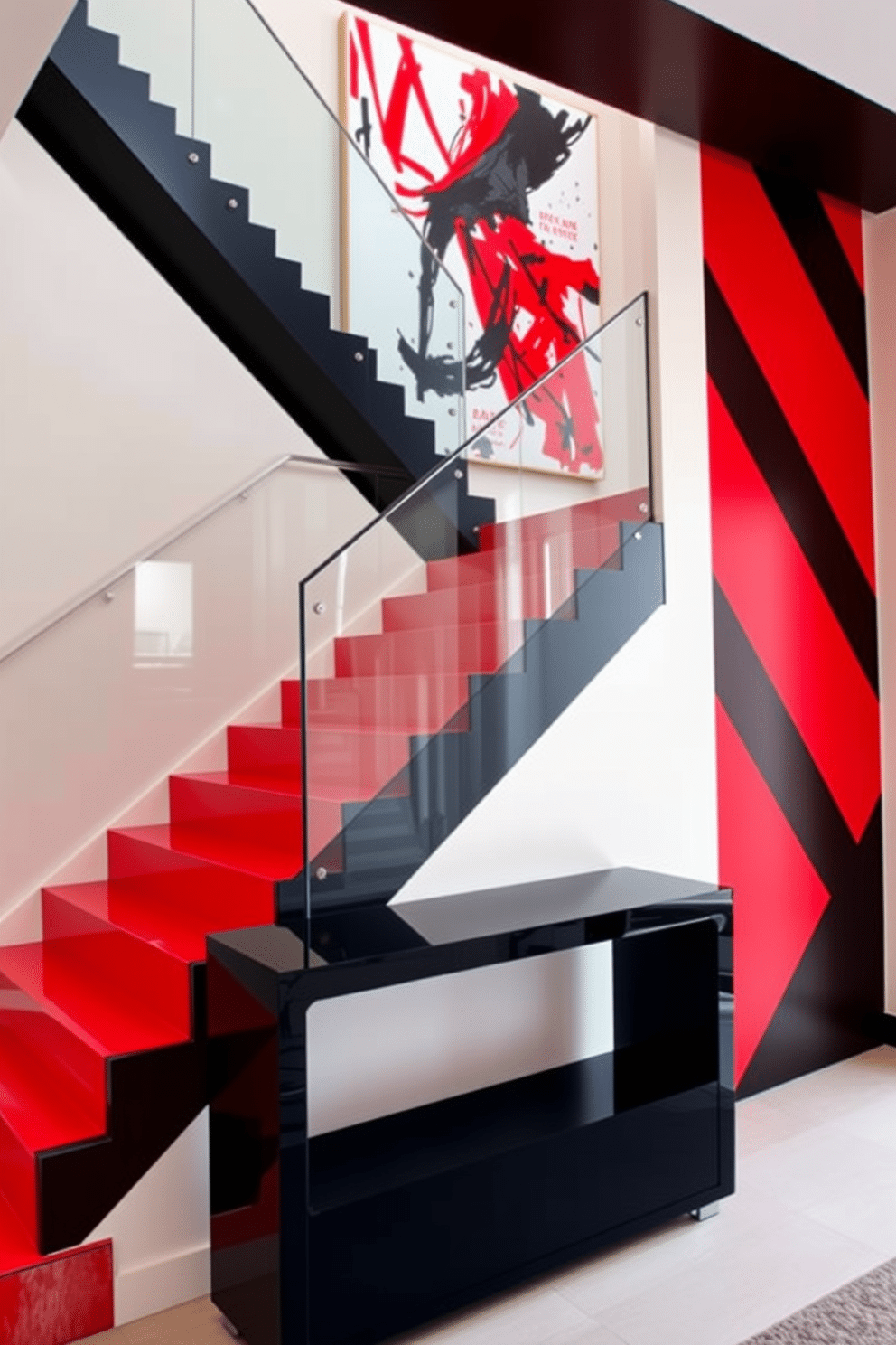 A striking staircase design features bold red and black diagonal stripes that create a dramatic visual impact. The staircase is framed by sleek glass railings, allowing the vibrant colors to stand out even more against the surrounding neutral walls. At the base of the stairs, a modern console table in a glossy black finish complements the design. Above it, an oversized piece of abstract art incorporates similar red and black hues, tying the entire space together with a cohesive look.