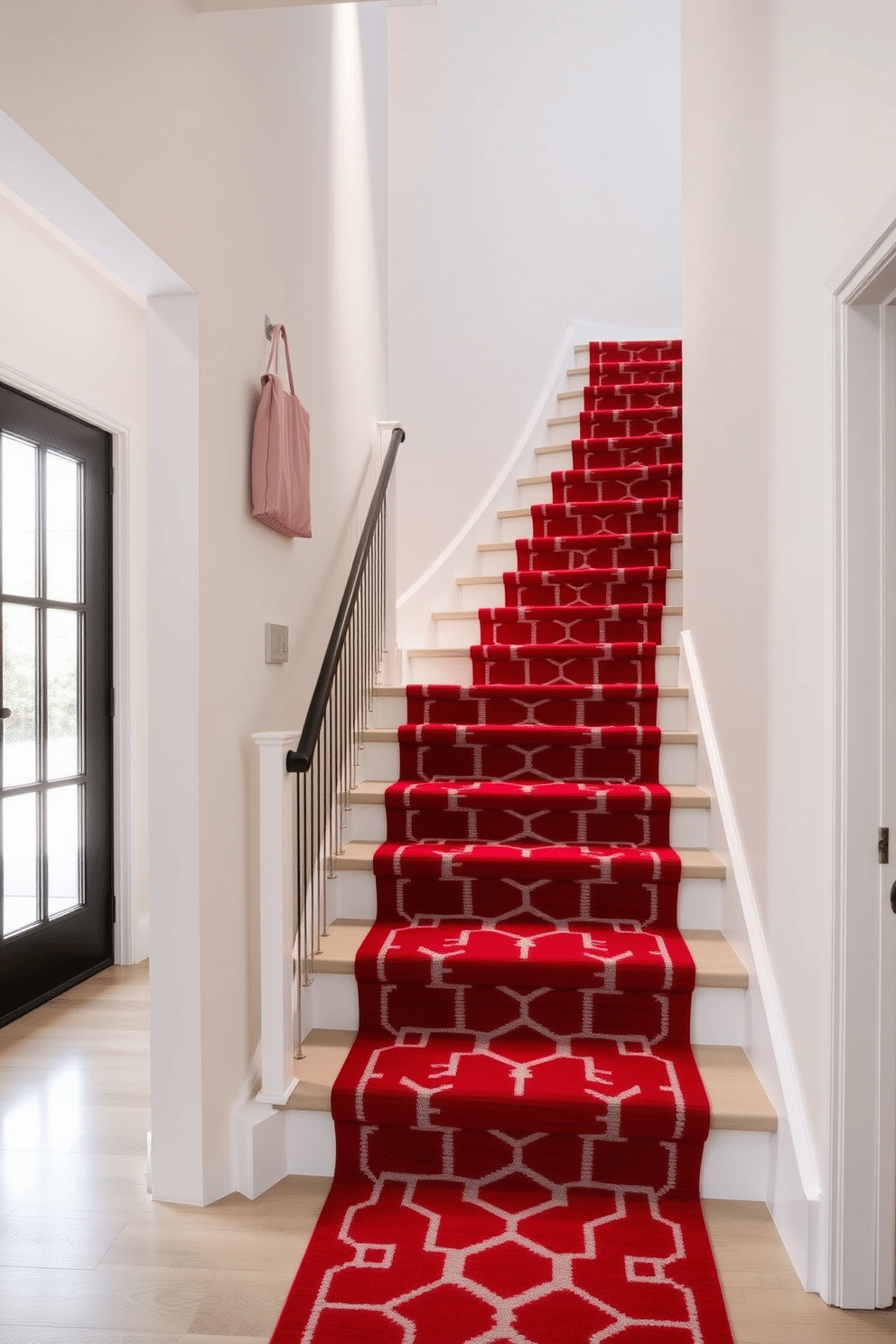 A chic red stair runner adorned with geometric shapes cascades down a sleek, modern staircase. The vibrant red contrasts beautifully with the minimalist white walls, creating a bold focal point in the entryway. The geometric patterns of the runner add a touch of contemporary flair, enhancing the overall aesthetic of the space. Soft lighting illuminates the staircase, highlighting the intricate design of the runner and inviting guests to ascend.