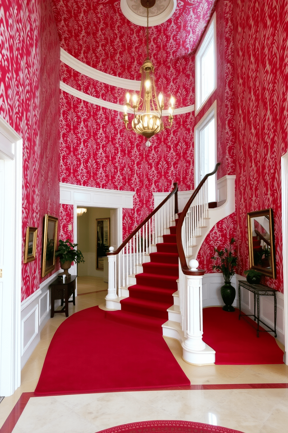 A grand foyer features a stunning red and white damask wallpaper that elegantly wraps around the walls, creating a luxurious atmosphere. A classic chandelier hangs from the ceiling, casting a warm glow on the intricate details of the pattern. The staircase, with its rich red carpeting, gracefully winds upward, complemented by a polished white banister. Decorative elements such as framed artwork and potted plants line the staircase, enhancing the overall opulence of the space.