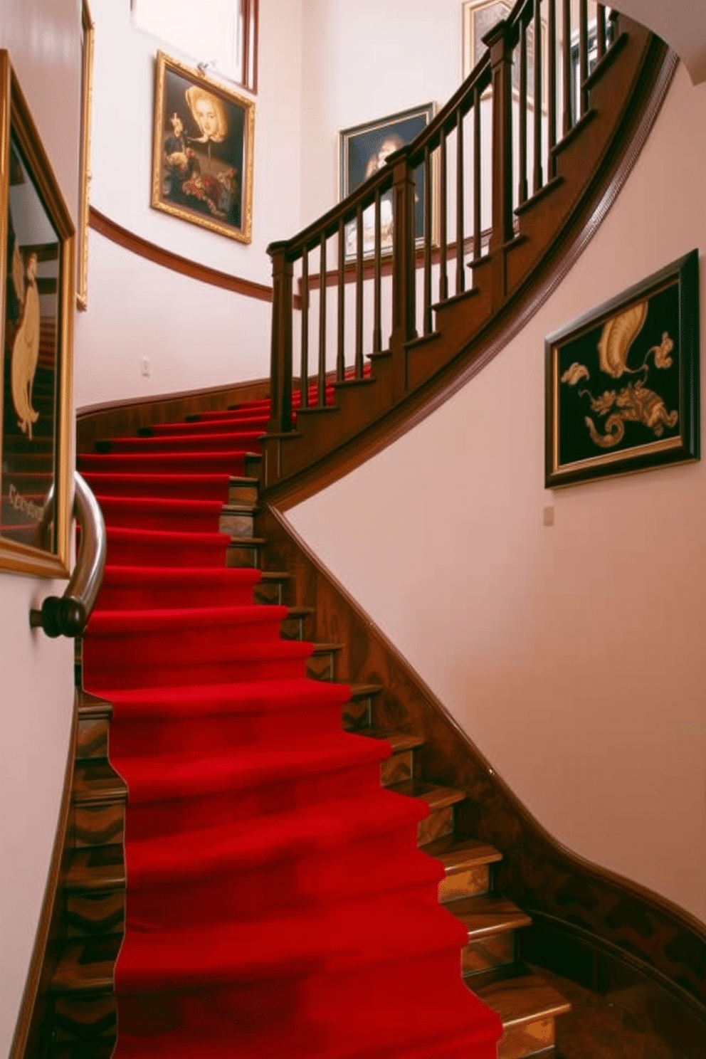 A stunning staircase features warm red treads that contrast beautifully with rich wood accents. The surrounding walls are adorned with elegant artwork, and a sleek handrail complements the overall design, creating a cohesive and inviting atmosphere.