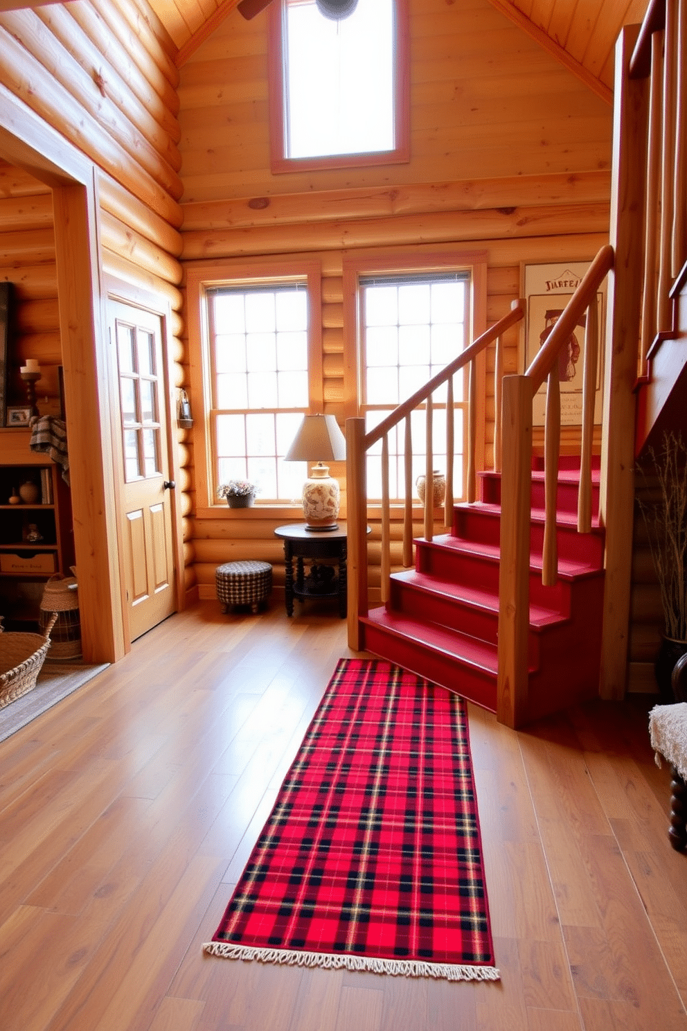 A rustic red plaid runner stretches across a wooden floor, adding warmth and charm to the cabin's interior. The surrounding decor features natural wood accents and cozy textiles, enhancing the inviting atmosphere. The staircase is designed with rich red wooden steps and a sturdy handrail, seamlessly blending with the cabin aesthetic. Large windows flanking the staircase allow natural light to flood the space, highlighting the craftsmanship and inviting a sense of openness.