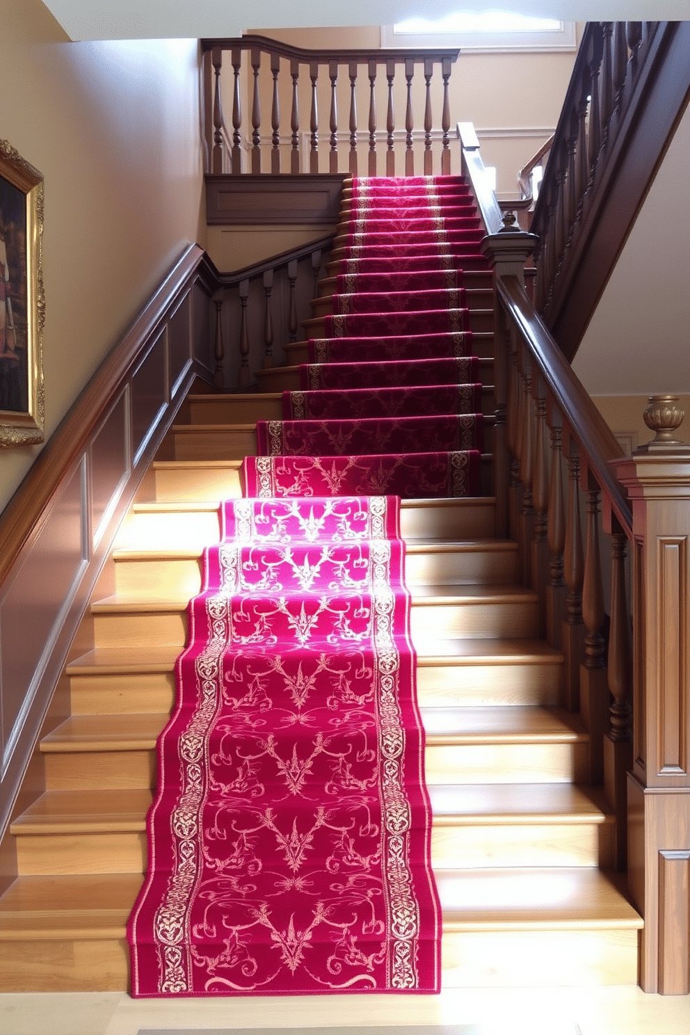 A sophisticated red stair runner elegantly cascades down a grand staircase, adorned with intricate gold accents that catch the light beautifully. The rich crimson hue of the runner complements the polished wooden steps, creating a striking visual contrast and a sense of luxury. The staircase features ornate balusters and a high ceiling, enhancing the overall grandeur of the space. Soft lighting illuminates the runner, highlighting its textures and inviting guests to ascend in style.