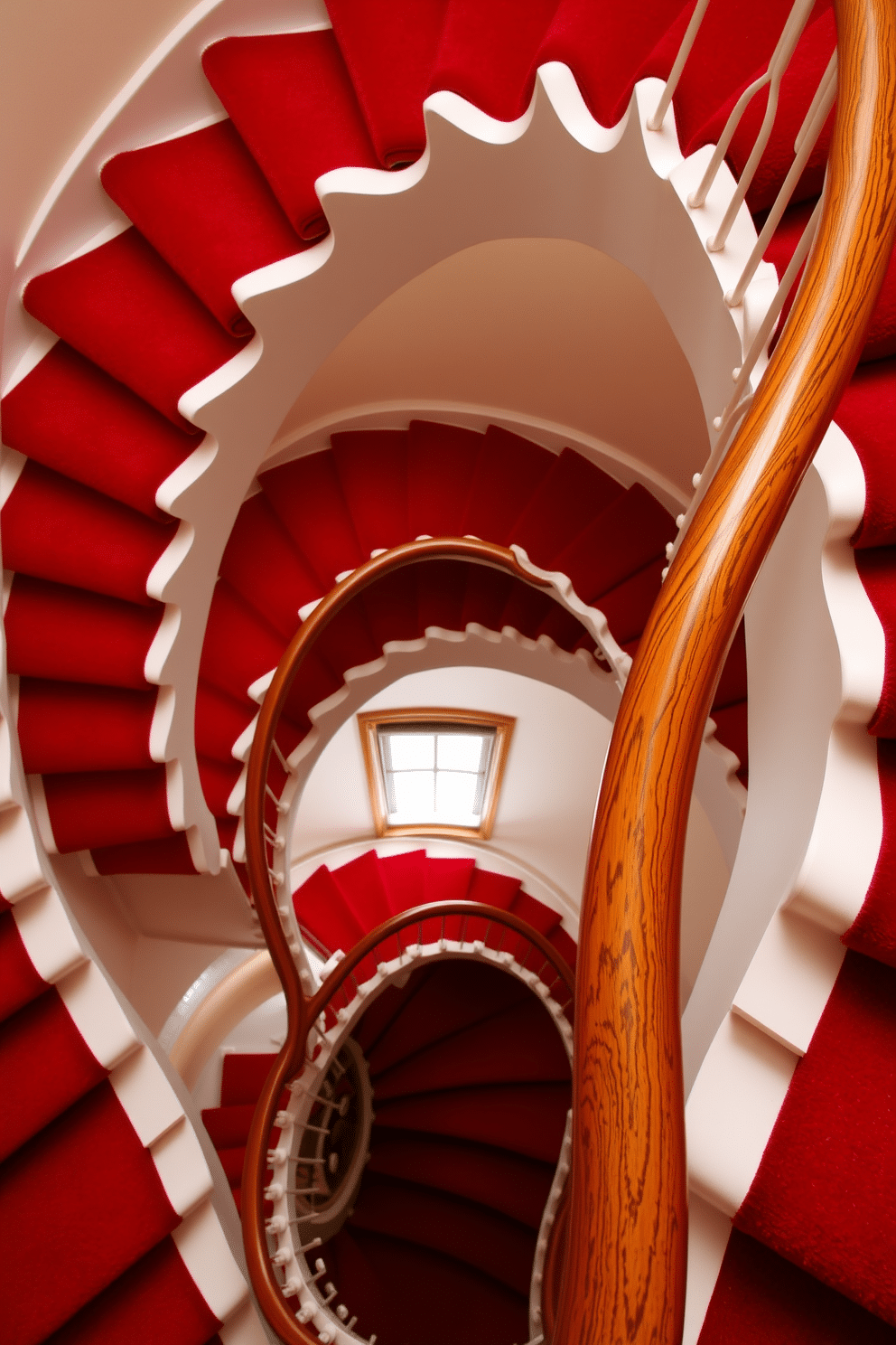 A stunning spiral staircase featuring a bright red carpet that gracefully wraps around the steps. The handrail is elegantly crafted from polished wood, contrasting beautifully with the vibrant carpet and enhancing the overall design.