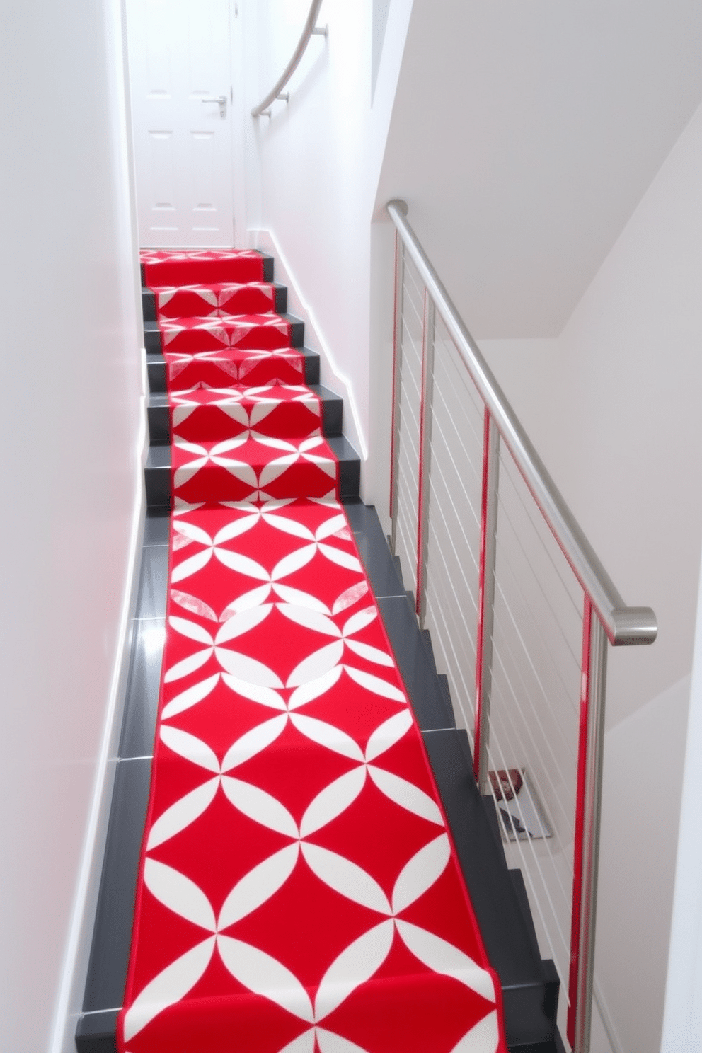 A striking geometric runner in bold red and white patterns stretches across the hallway, adding a contemporary flair to the space. The design features sharp angles and contrasting colors that draw attention and create a vibrant atmosphere. The staircase showcases a modern design with sleek red steps that complement the runner, creating a cohesive look. The railing is crafted from polished metal, enhancing the staircase's elegant aesthetic while ensuring safety and style.