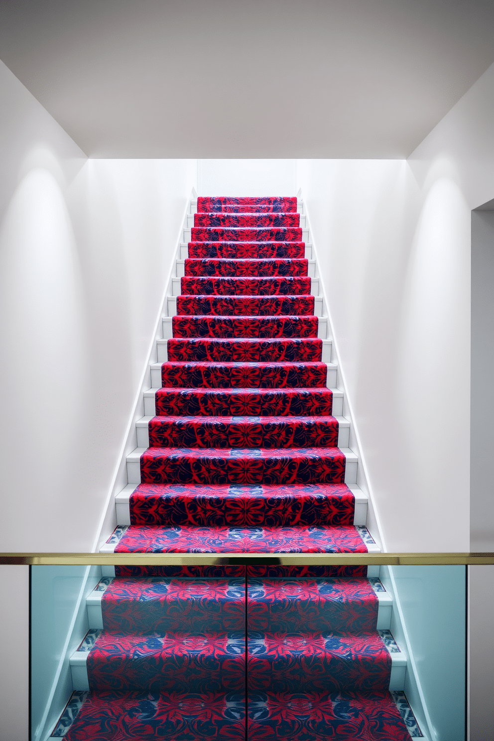 A stunning staircase design featuring a unique red and blue patterned carpet that flows seamlessly up the steps. The surrounding walls are painted in a crisp white, creating a striking contrast that highlights the vibrant colors of the staircase. At the base of the staircase, a sleek glass railing adds a modern touch, allowing the intricate patterns to take center stage. Soft, ambient lighting illuminates the staircase, enhancing the bold colors and inviting a sense of warmth and elegance.