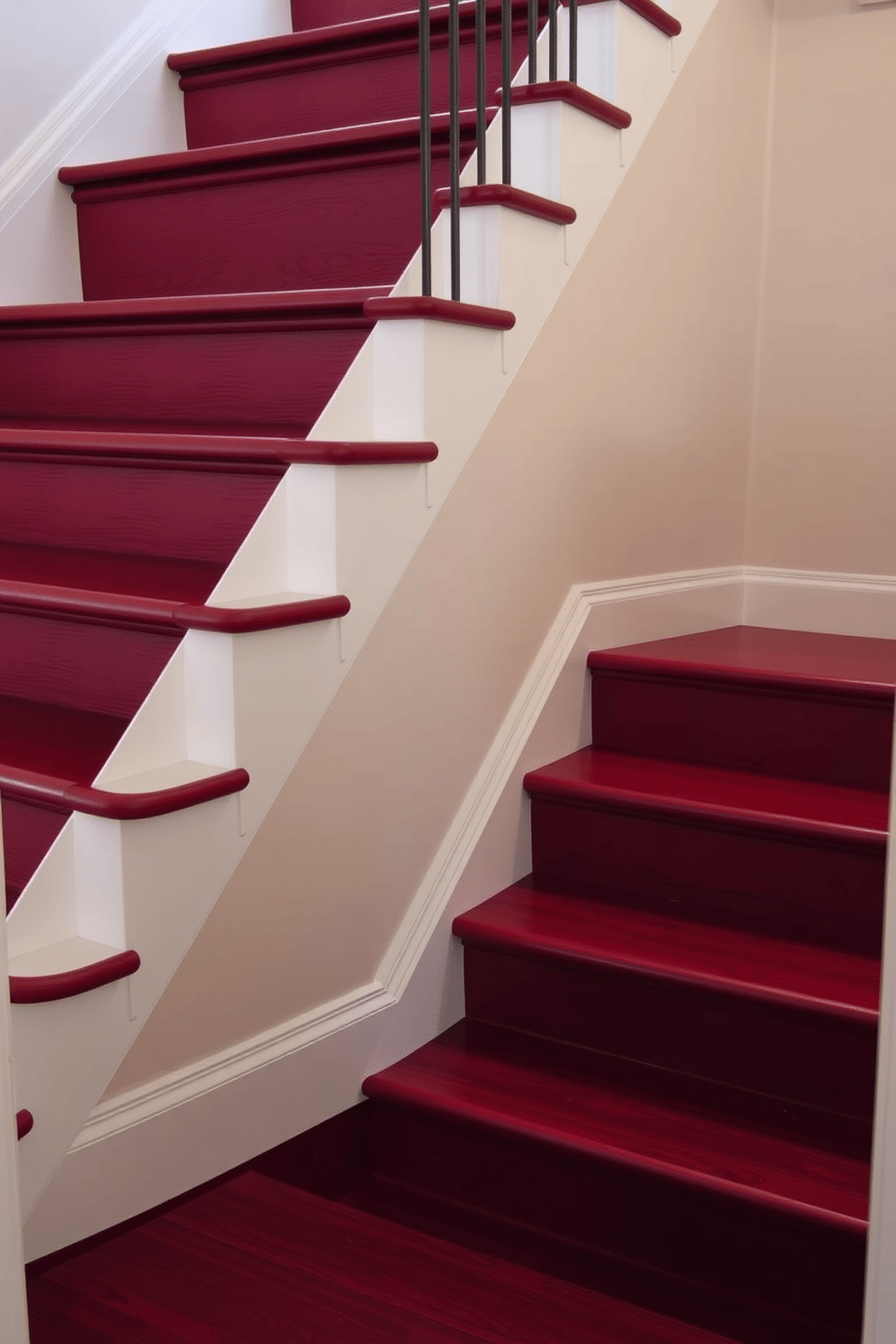 A striking staircase featuring deep red treads with a textured finish that adds depth and character. The surrounding walls are painted in a soft neutral tone, allowing the bold color of the treads to stand out beautifully.