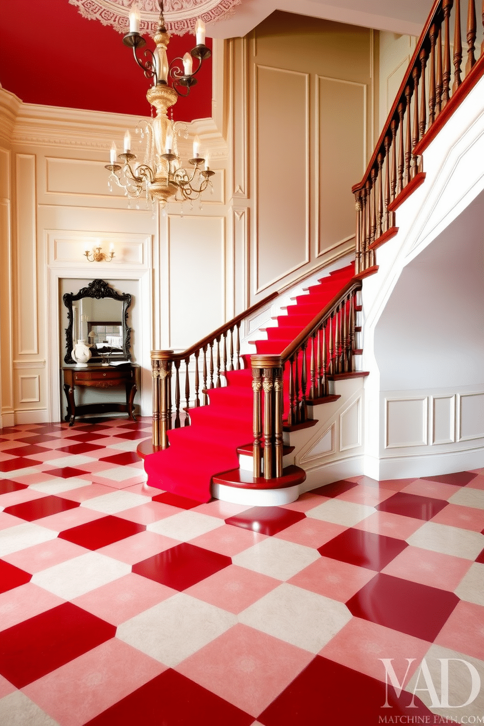 A classic red and black checkerboard design features a striking floor pattern that captivates with its bold contrast. The walls are adorned with elegant molding, and the room is illuminated by a chic chandelier that complements the color scheme. For the red staircase design, envision a grand staircase with rich red carpeting that cascades down each step. The balustrade is crafted from polished wood, and the walls are painted in a soft cream to enhance the staircase's vibrant hue.