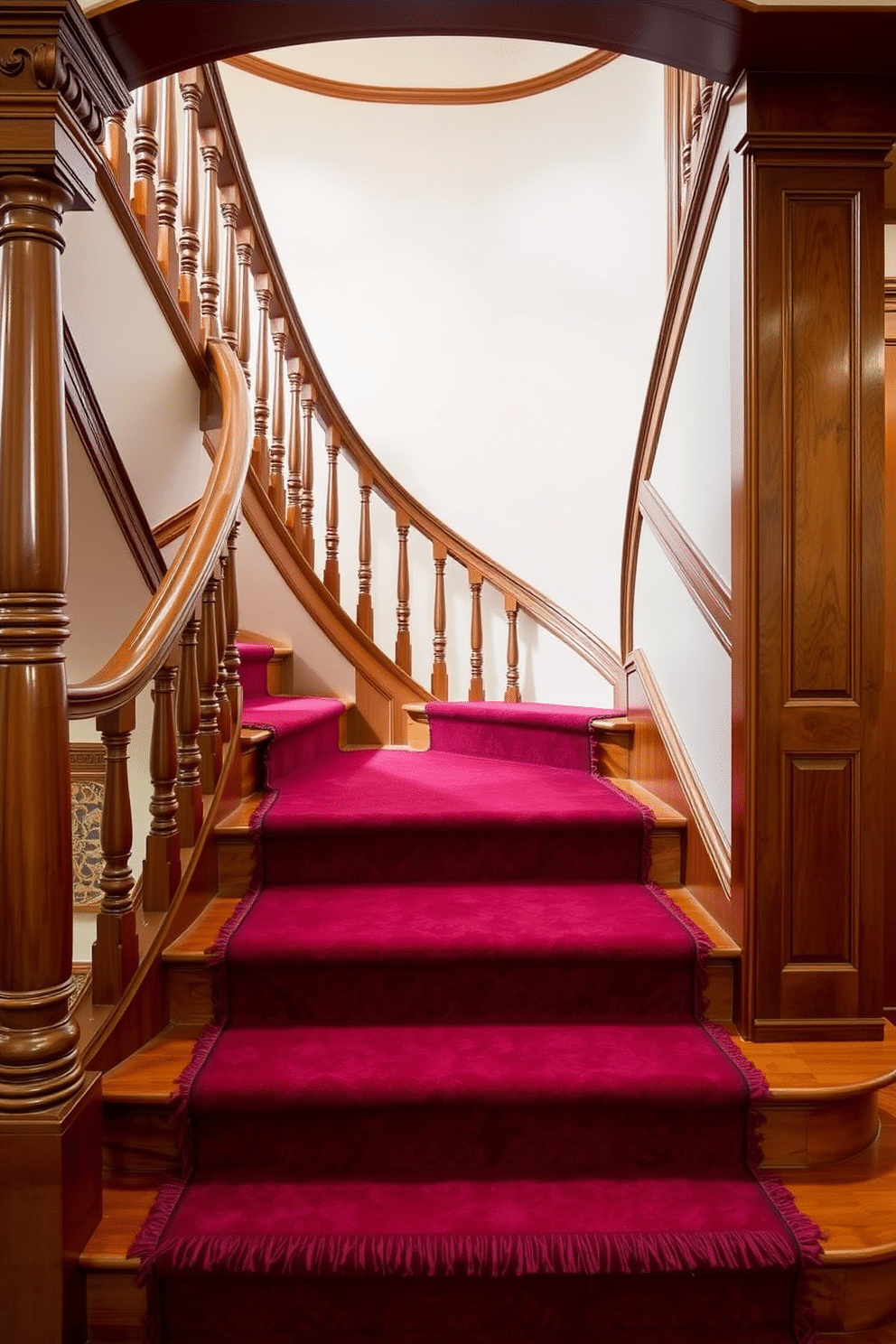 A luxurious staircase adorned with a rich burgundy stair runner, featuring elegant fringe detailing that adds texture and warmth. The staircase itself is crafted from polished mahogany, with intricate balusters and a grand, sweeping curve that invites admiration.