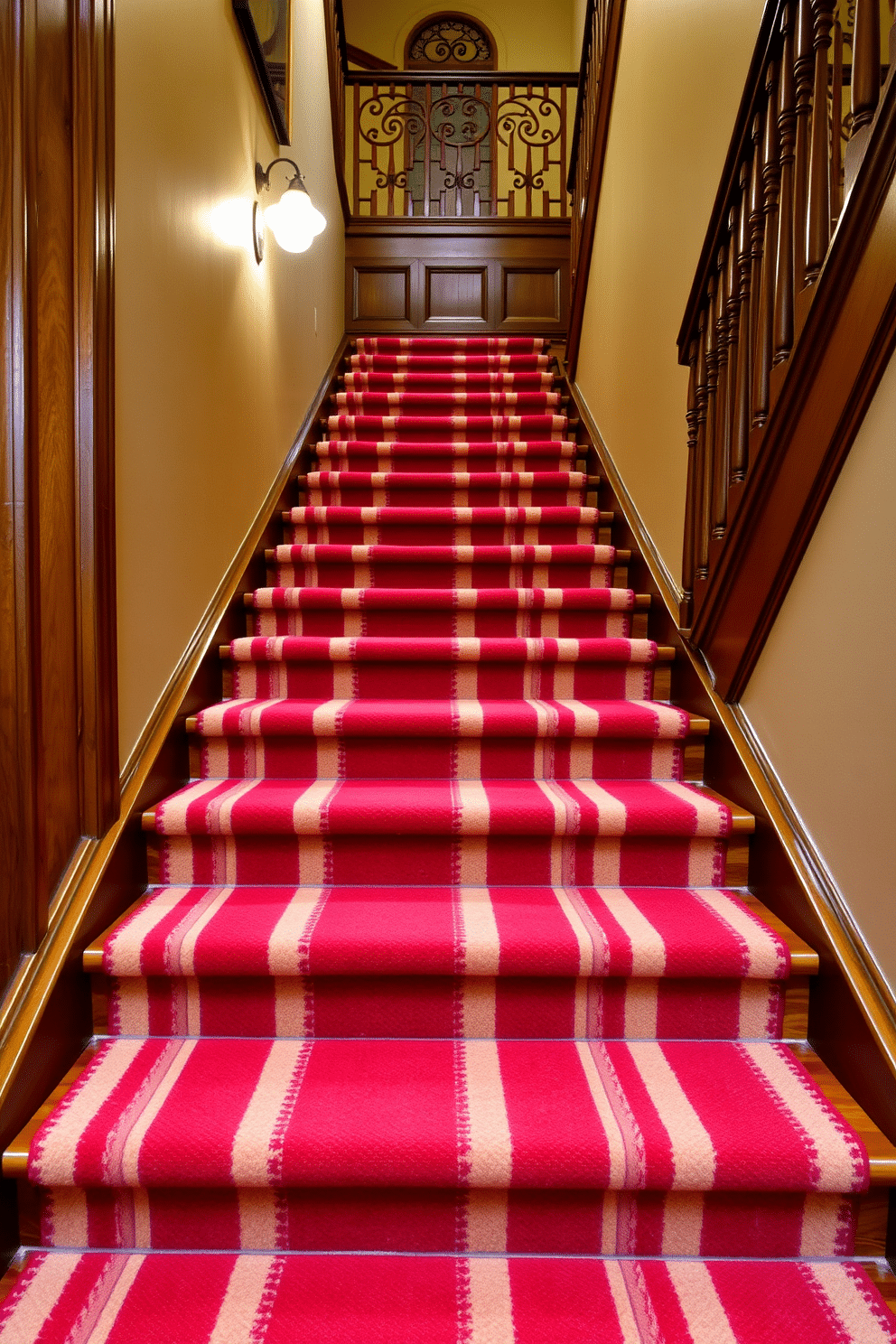 A striking staircase features a luxurious red and cream striped carpet that elegantly wraps around each step. The bold color combination enhances the richness of the wooden staircase, creating a warm and inviting atmosphere. The carpet's stripes guide the eye upward, drawing attention to the intricate railing design above. Soft lighting fixtures illuminate the staircase, casting a gentle glow that highlights the carpet's texture and pattern.