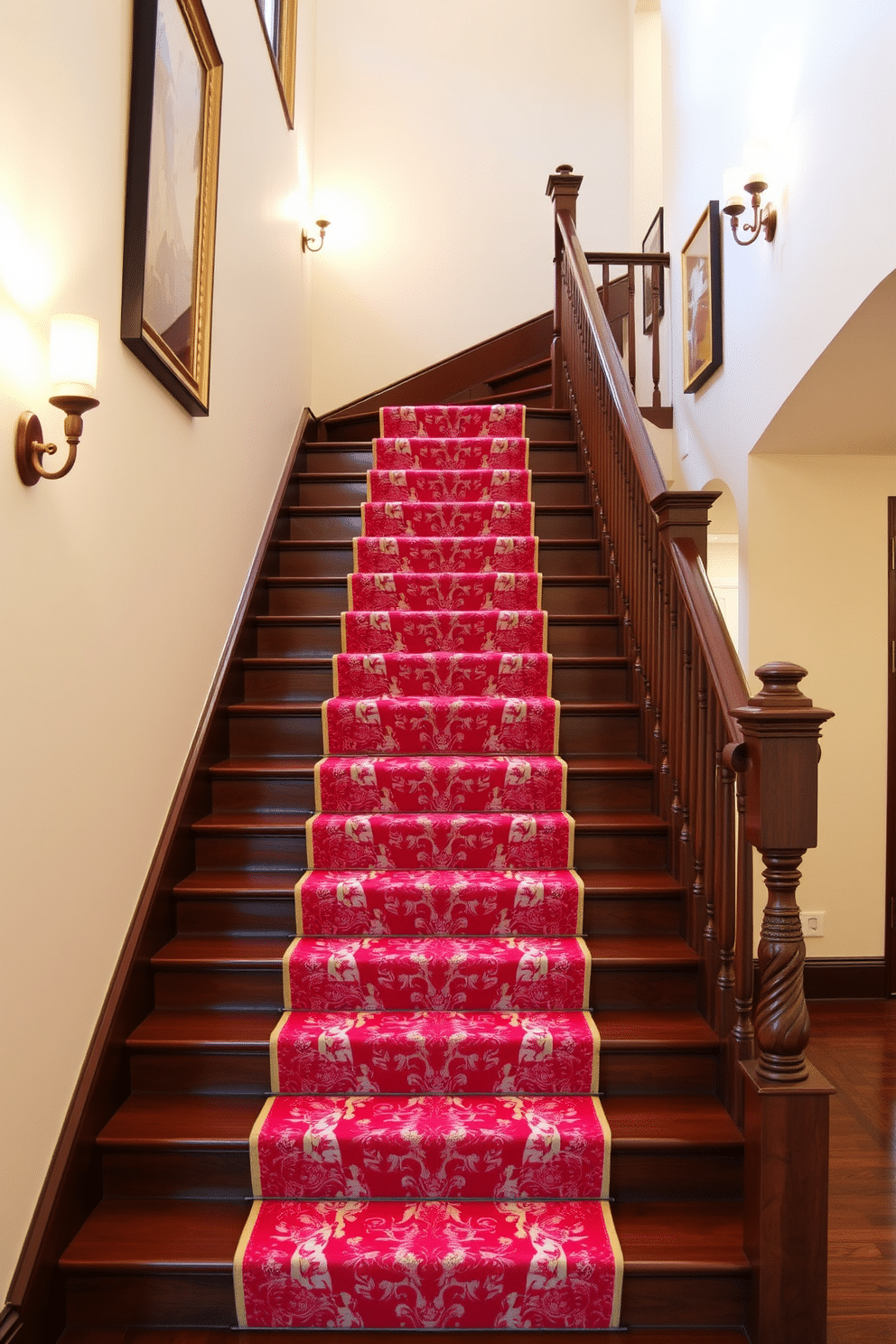 A vibrant red stair runner adorned with a delicate floral print cascades down a grand staircase, creating a striking contrast against the polished wooden steps. The runner's intricate patterns add a touch of elegance, while the bold color infuses the space with warmth and energy. Surrounding the staircase, the walls are painted a soft cream, enhancing the vibrancy of the red runner. Stylish wall sconces illuminate the area, casting a warm glow that highlights the floral details and invites guests to ascend.