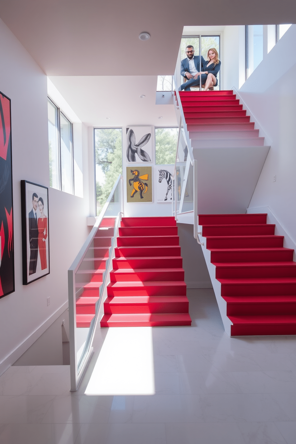 A sleek modern staircase features bold red treads that contrast beautifully with a minimalist white railing. The surrounding walls are adorned with contemporary artwork, enhancing the staircase's striking visual appeal. The treads are crafted from high-quality materials, providing durability while maintaining a smooth finish. Natural light floods the space through large windows, highlighting the vibrant red and creating an inviting atmosphere.