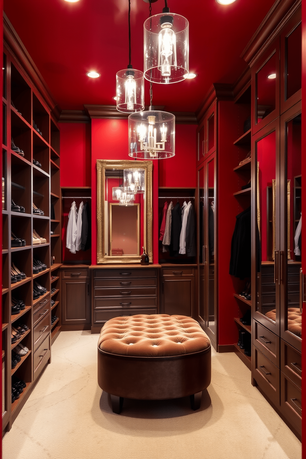 A luxurious walk-in closet featuring bold red accent walls that create a dramatic atmosphere. The space is illuminated by elegant pendant lights, highlighting custom shelving and a plush ottoman in the center. The closet showcases a blend of open shelving and enclosed cabinets, offering ample storage for shoes and accessories. A full-length mirror is strategically placed to enhance the sense of space and style.