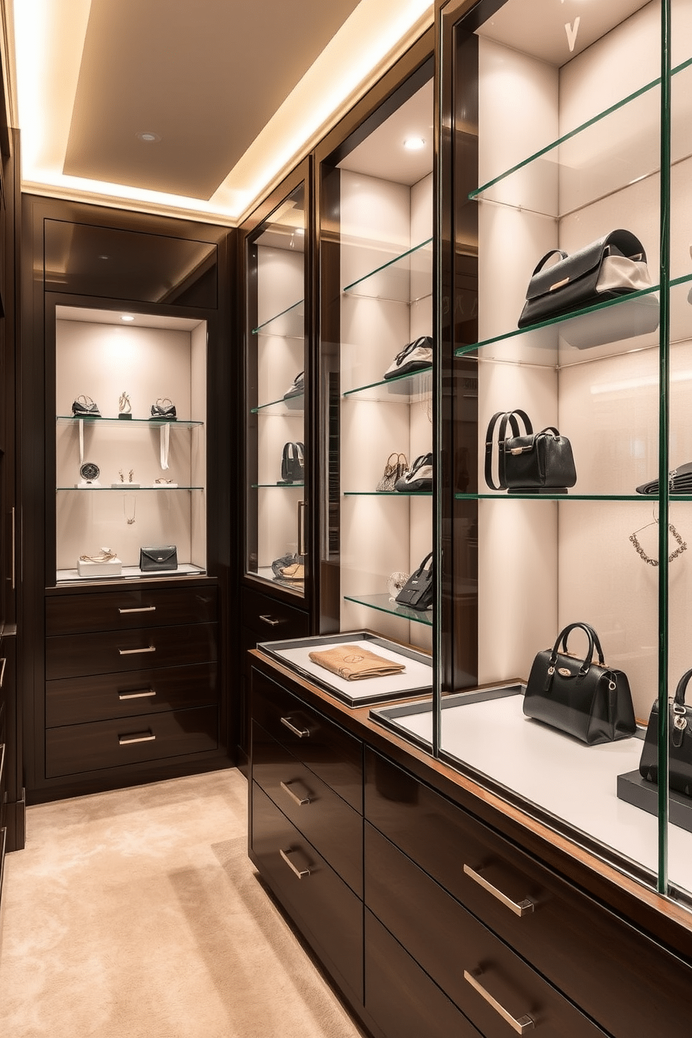 A luxurious walk-in closet featuring sleek glass display cases elegantly showcasing a variety of accessories, including jewelry and handbags. The walls are adorned with soft, ambient lighting, enhancing the rich textures of the dark wood cabinetry and plush carpet underfoot.