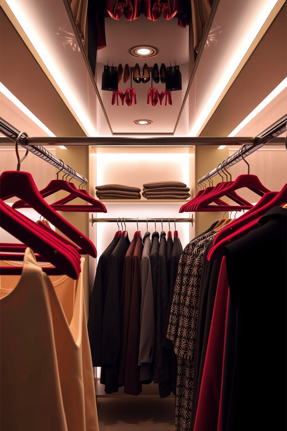 A luxurious walk-in closet featuring hanging rods adorned with rich red velvet hangers. The walls are lined with soft, ambient lighting, creating an inviting atmosphere for showcasing an exquisite collection of clothing and accessories.