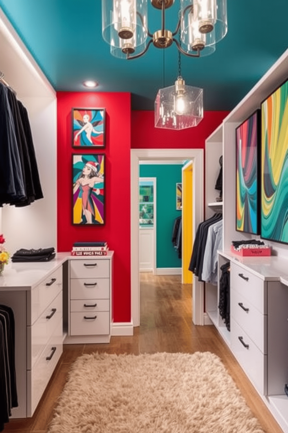 A vibrant walk-in closet that showcases colorful artwork on the walls, creating an inviting and energizing atmosphere. The closet features sleek shelving and hanging space, with a plush area rug underfoot for added comfort. The design includes a bold accent wall painted in a rich hue, complementing the artwork and enhancing the overall aesthetic. Elegant lighting fixtures hang from the ceiling, illuminating the space and highlighting the vibrant colors throughout.