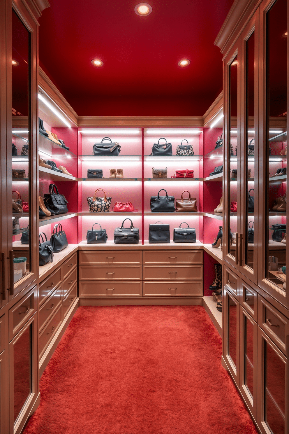 A luxurious walk-in closet featuring integrated lighting within the shelving to enhance visibility and showcase a curated selection of designer handbags and shoes. The space is adorned with rich red walls, complemented by plush carpeting, and elegant glass-front cabinets that add sophistication and style.