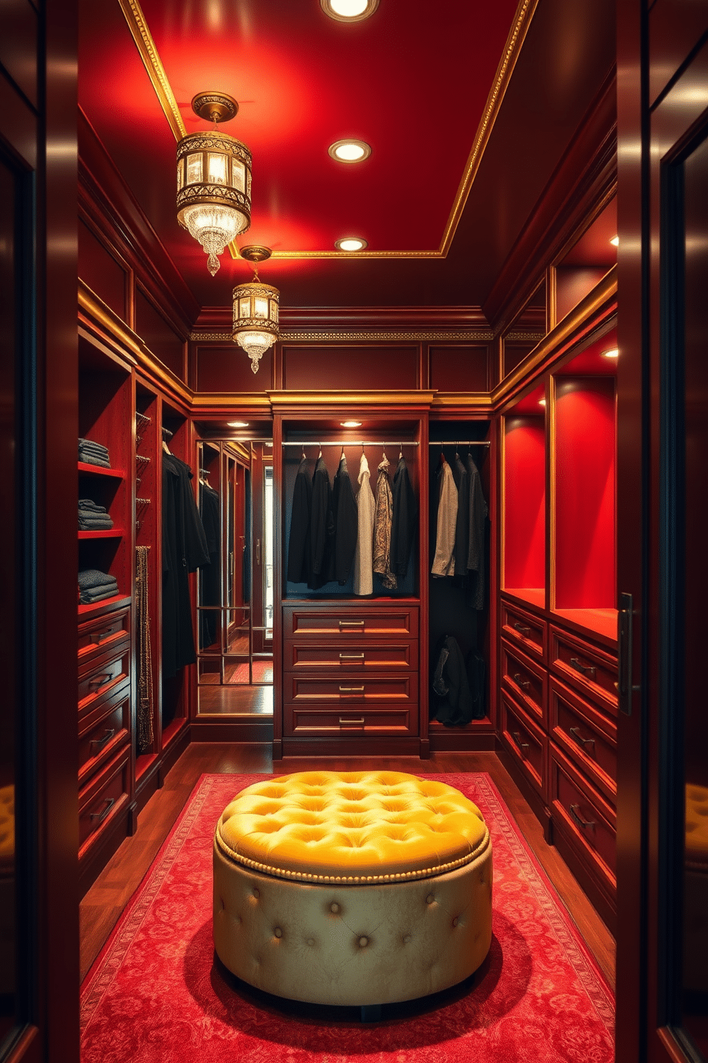 A luxurious walk-in closet designed with a red and gold color scheme. The walls are painted a deep crimson, accented by gold trim and elegant lighting fixtures that create a warm ambiance. The closet features custom-built shelving and hanging racks, all finished in a rich mahogany. A plush, gold velvet ottoman sits in the center, inviting relaxation while selecting outfits.