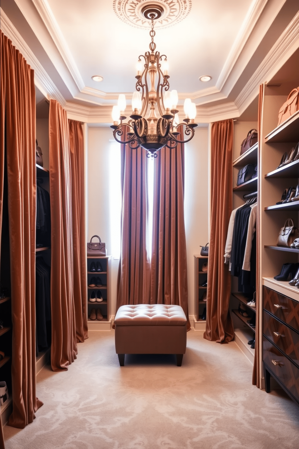 A luxurious walk-in closet featuring plush velvet curtains that create a cozy and inviting atmosphere. The space is adorned with elegant shelving and hanging options, showcasing an array of designer handbags and shoes. The walls are painted a soft cream, enhancing the warmth of the rich velvet drapes. A chic ottoman sits in the center, providing a perfect spot to relax while choosing outfits, illuminated by a stunning chandelier above.