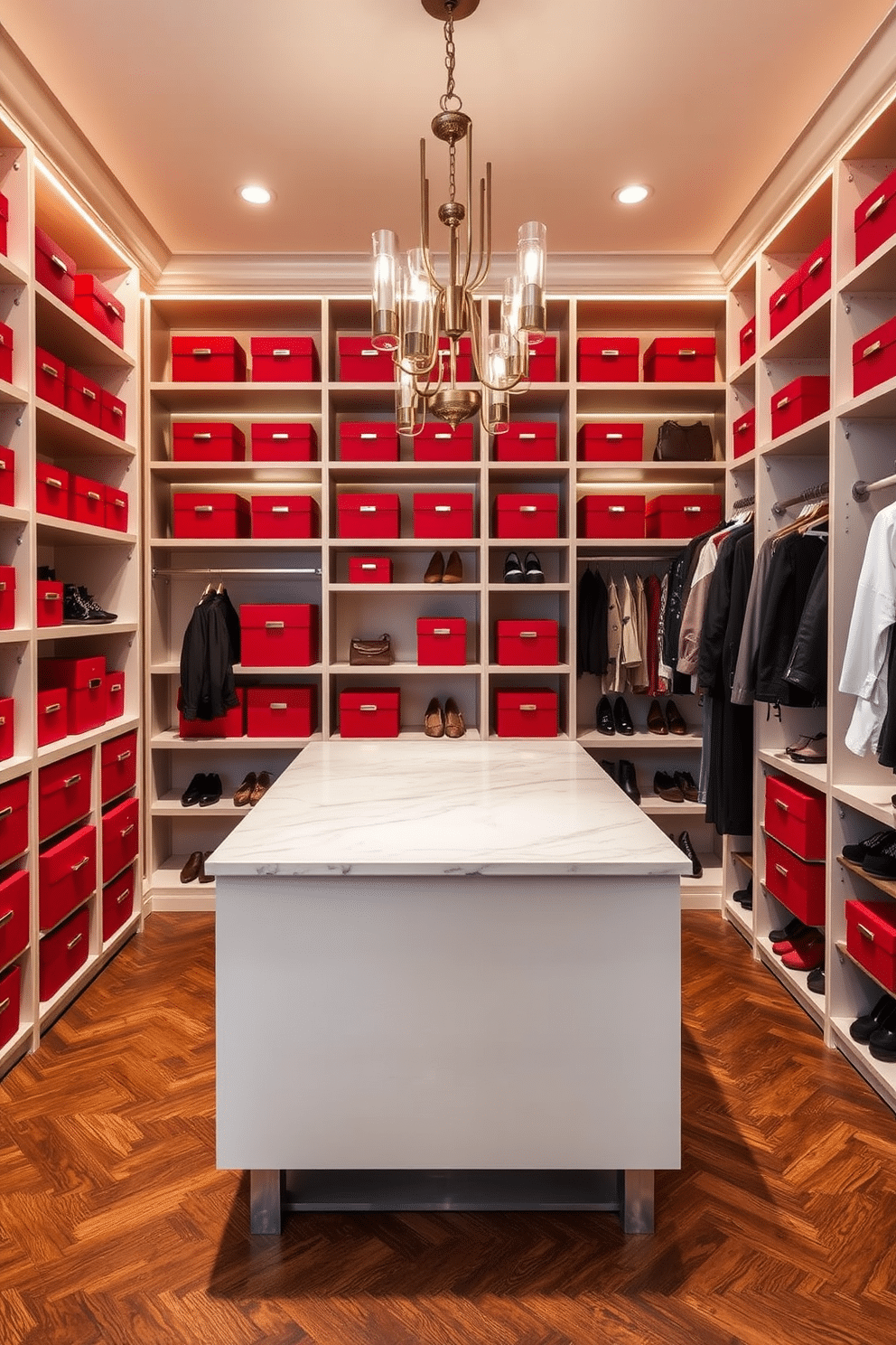 A luxurious walk-in closet featuring unique red storage boxes for organization. The boxes are arranged on sleek, custom shelving, providing a pop of color against the soft beige walls and rich walnut flooring. The closet includes a spacious island in the center with a marble top, perfect for laying out outfits. Elegant lighting fixtures hang above, casting a warm glow over the carefully curated space filled with designer shoes and accessories.