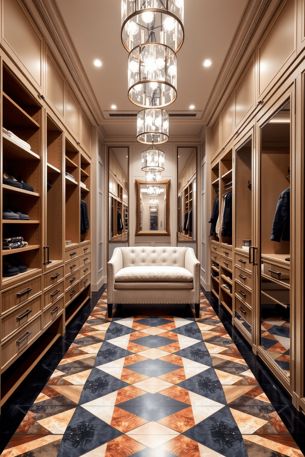 A luxurious walk-in closet featuring bold geometric patterns on the floor creates a striking visual impact. The space is illuminated by elegant pendant lights, enhancing the rich textures of the custom shelving and cabinetry. The walls are adorned with soft, neutral tones to complement the vibrant flooring. Plush seating in the center invites relaxation, while strategically placed mirrors add depth and sophistication to the design.