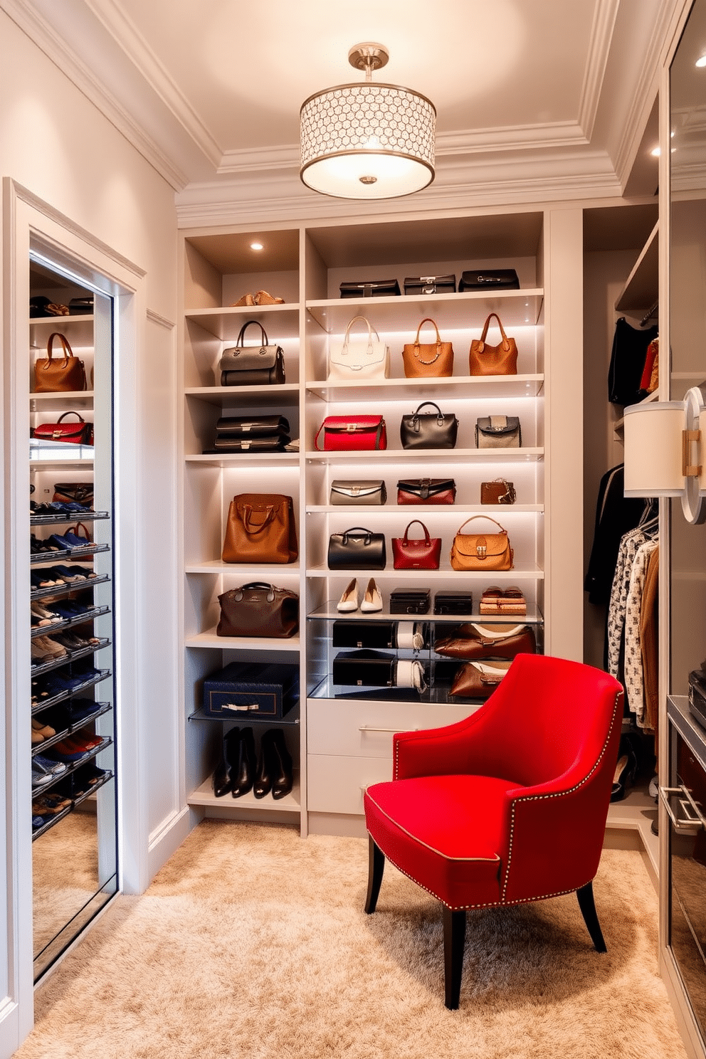 A luxurious walk-in closet featuring an accent chair in a striking red hue, positioned beside a sleek shoe rack. The walls are adorned with soft, neutral tones, while elegant lighting highlights the organized shelves filled with designer handbags and accessories.