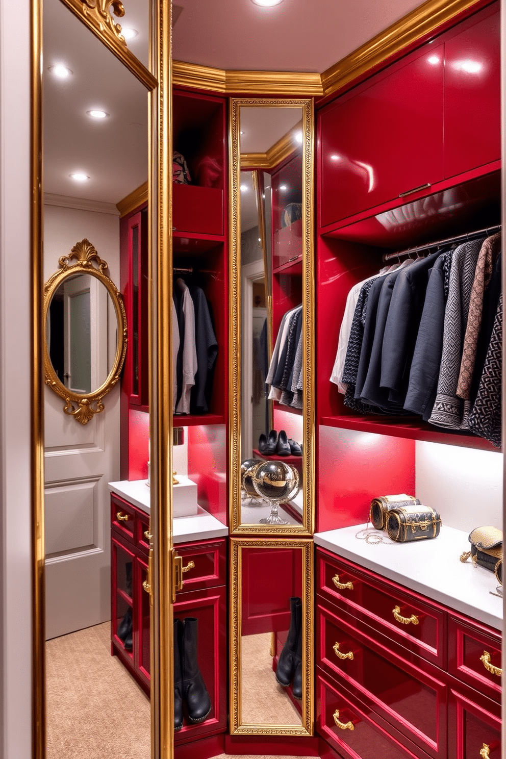 A stylish walk-in closet features decorative mirrors strategically placed to enhance light reflection and create an illusion of spaciousness. The mirrors are framed in elegant gold, complementing the rich red tones of the closet's walls and cabinetry. The closet is designed with custom shelving and hanging spaces, showcasing a variety of clothing and accessories. Soft lighting illuminates the space, highlighting the luxurious finishes and providing a warm, inviting atmosphere.