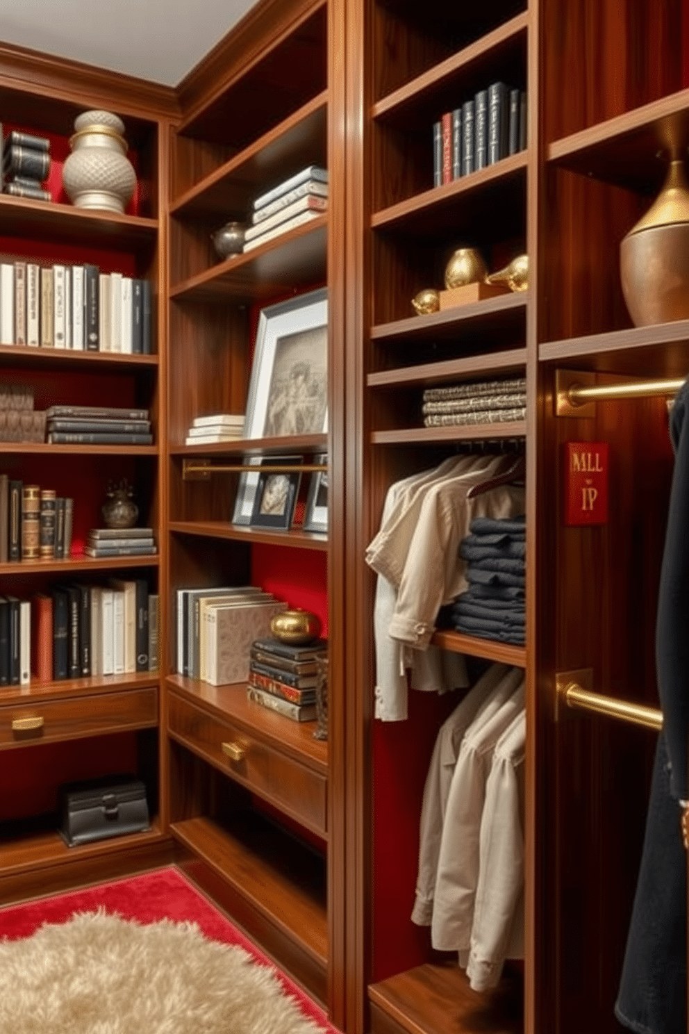 Elegant shelving with gold hardware accents. The shelves are made of rich walnut wood, elegantly showcasing a mix of decorative books and curated art pieces. Gold brackets and hardware add a touch of luxury, while ambient lighting highlights the textures of the wood and the items displayed. Red walk-in closet design ideas. The closet features deep red walls that create a bold backdrop for custom shelving and hanging space. A plush area rug in a lighter shade complements the rich color, while gold accents in the hardware and fixtures enhance the overall opulence of the space.